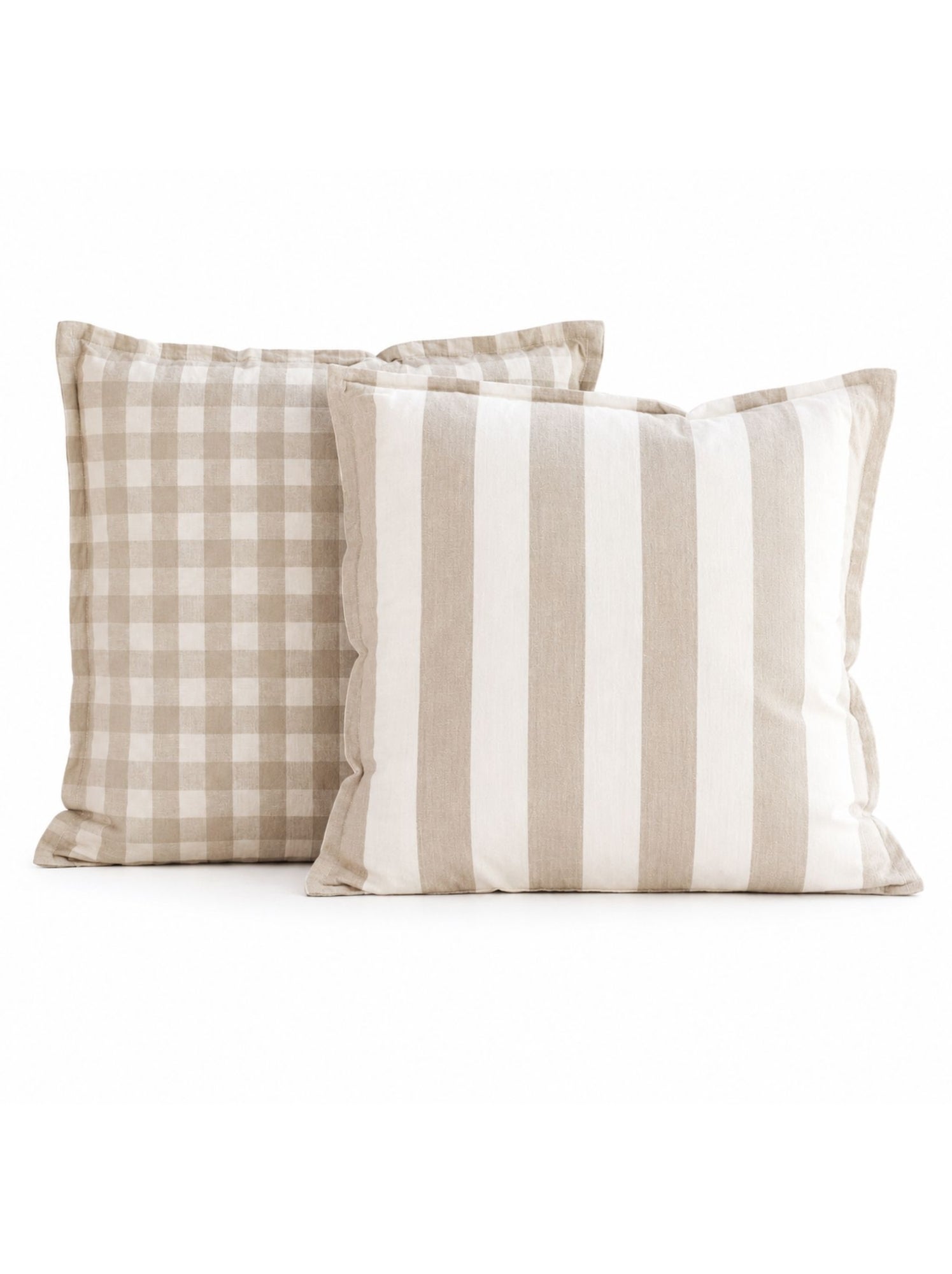 Housse de coussin recto-verso 100% coton rayures et vichy lourmarin - Beige