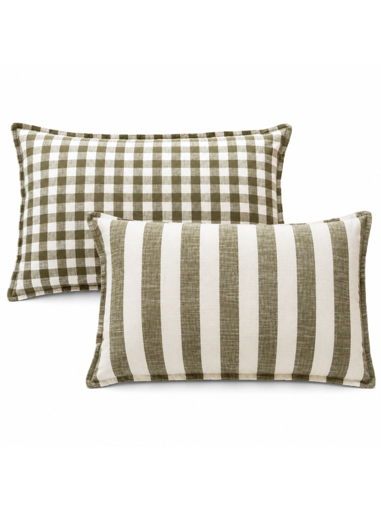 Housse de coussin recto-verso 100% coton rayures et vichy lourmarin - Kaki