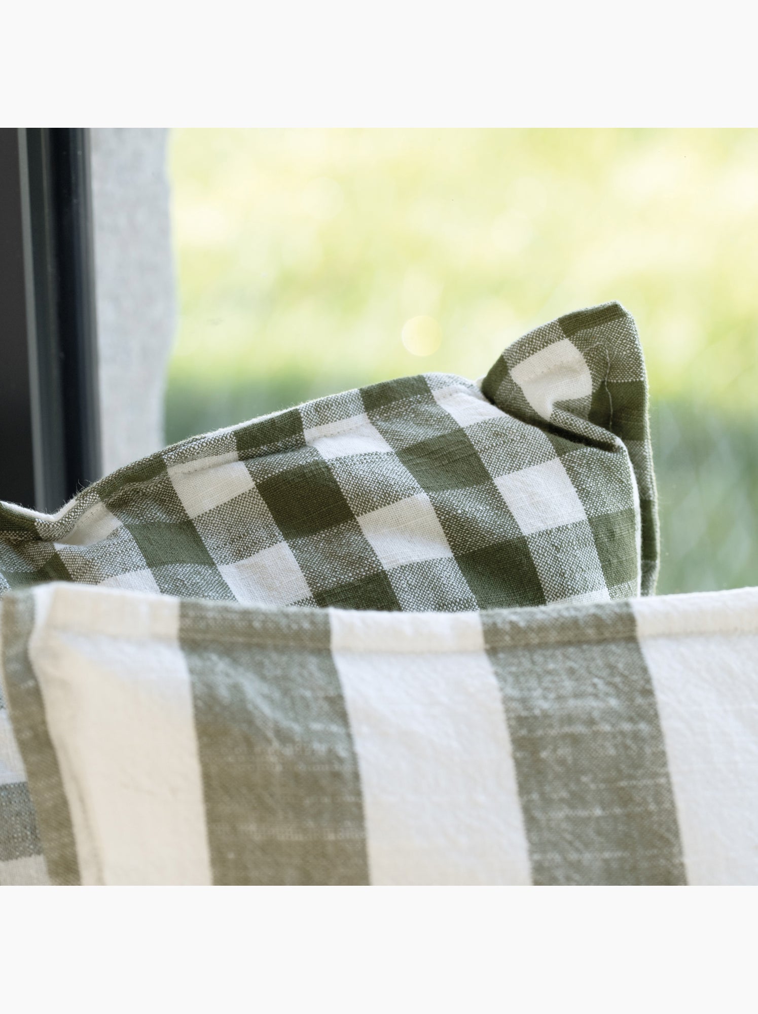 Housse de coussin recto-verso 100% coton rayures et vichy lourmarin - Kaki