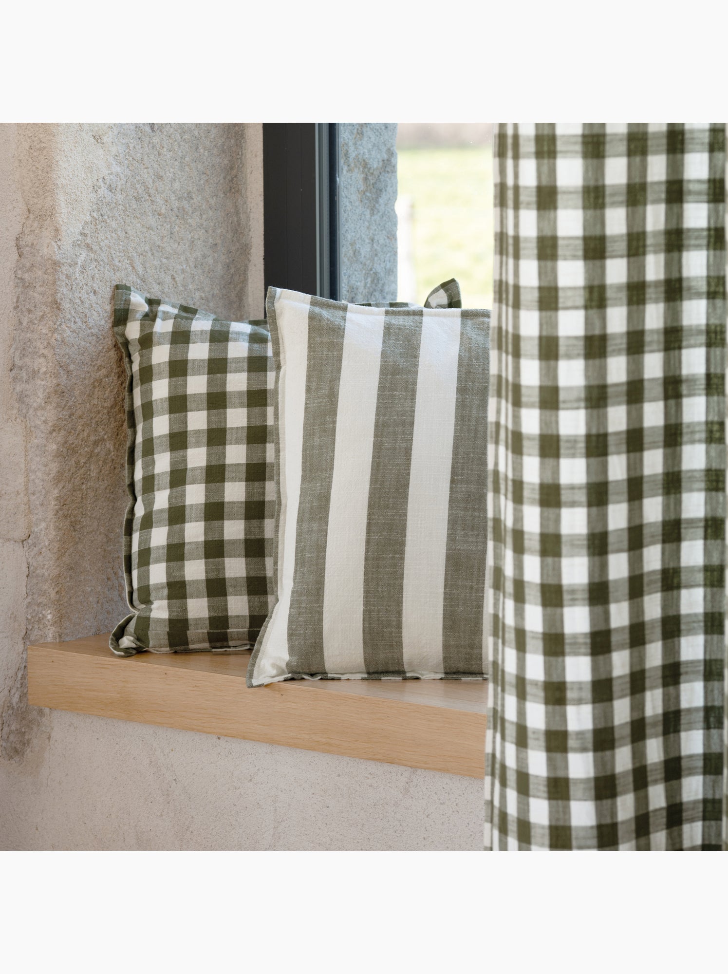 Housse de coussin recto-verso 100% coton rayures et vichy lourmarin - Kaki