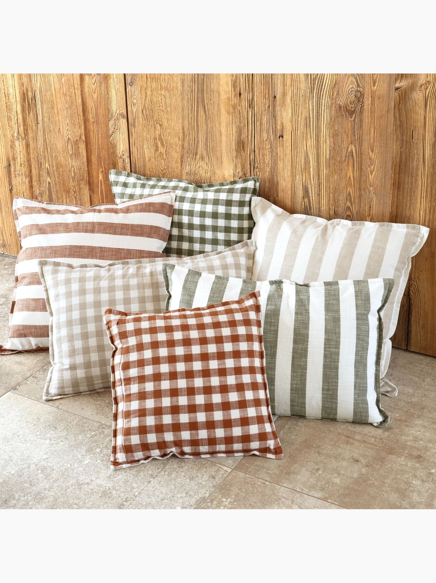 Housse de coussin recto-verso 100% coton rayures et vichy lourmarin - Kaki