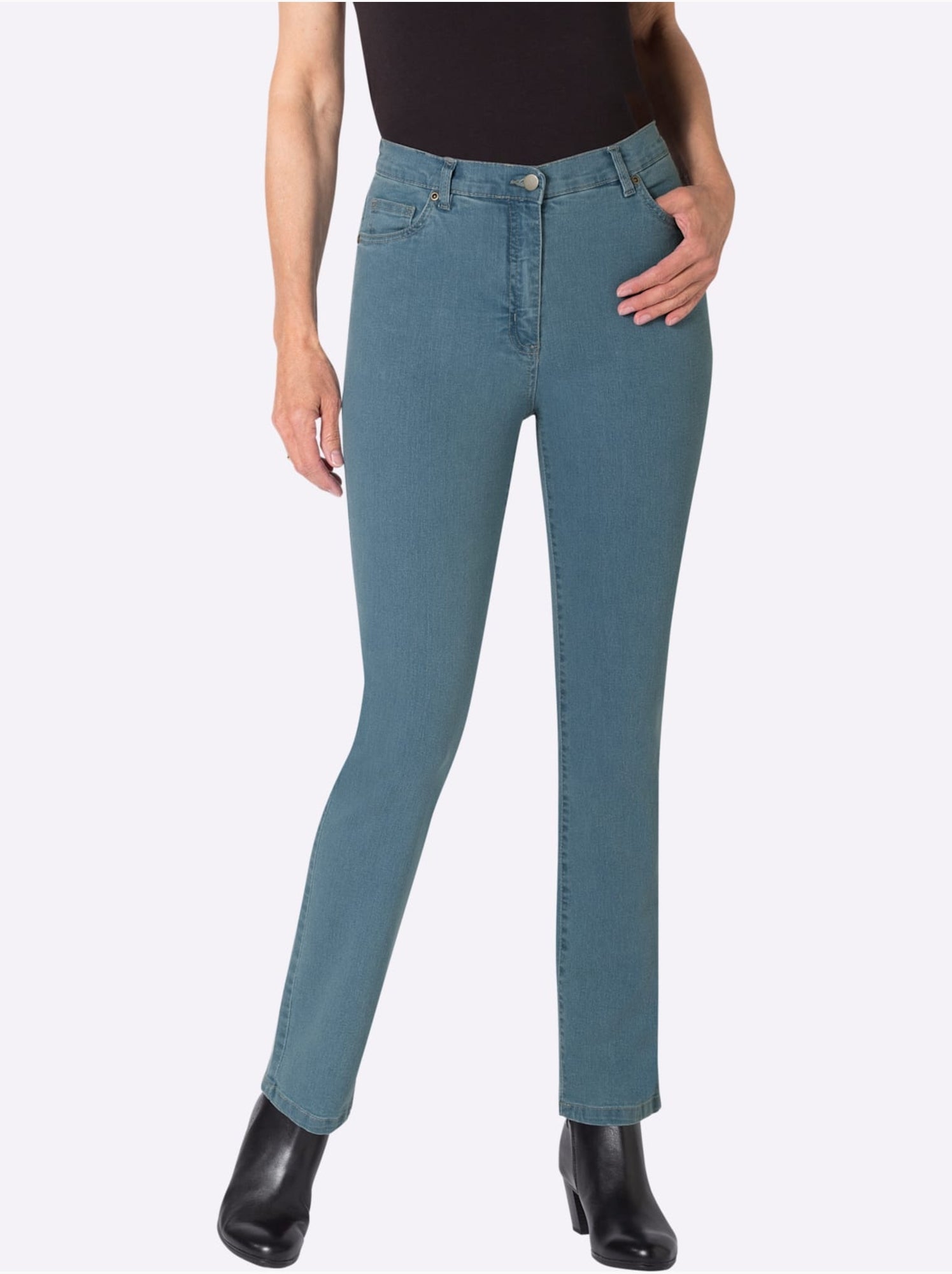 Jean 5 poches avec ceinture élastique et broderie décorative - taille courte - moda vilona - Bleu Blanc
