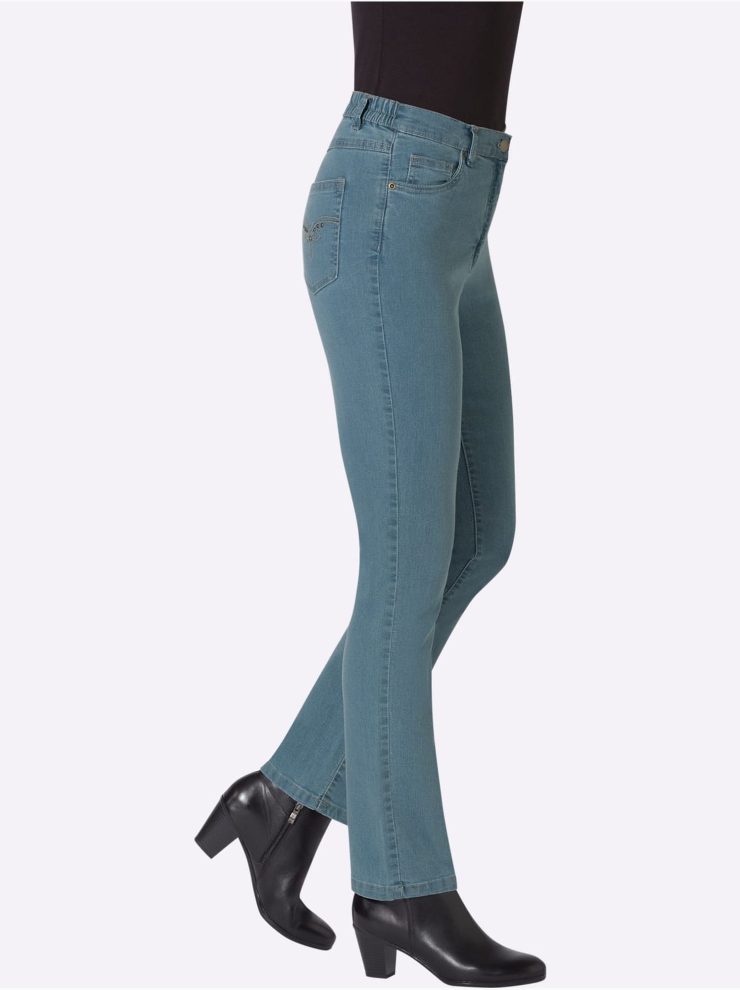 Jean 5 poches avec ceinture élastique et broderie décorative - taille courte - moda vilona - Bleu Blanc