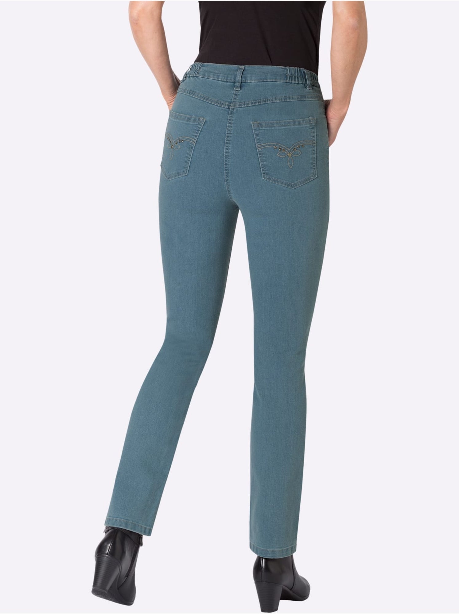 Jean 5 poches avec ceinture élastique et broderie décorative - taille courte - moda vilona - Bleu Blanc