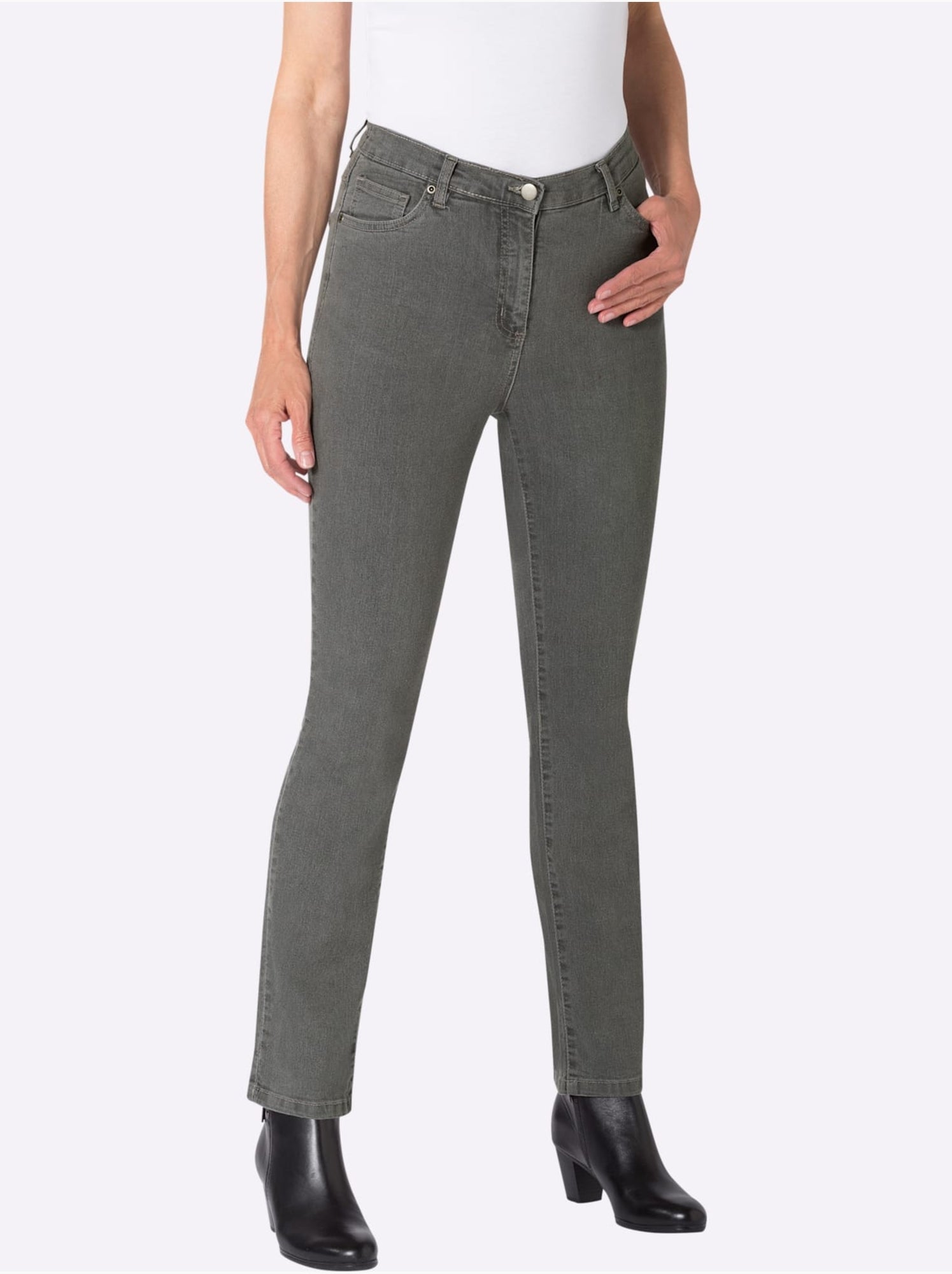 Jean 5 poches avec ceinture élastique et broderie décorative - taille courte - moda vilona - Gris