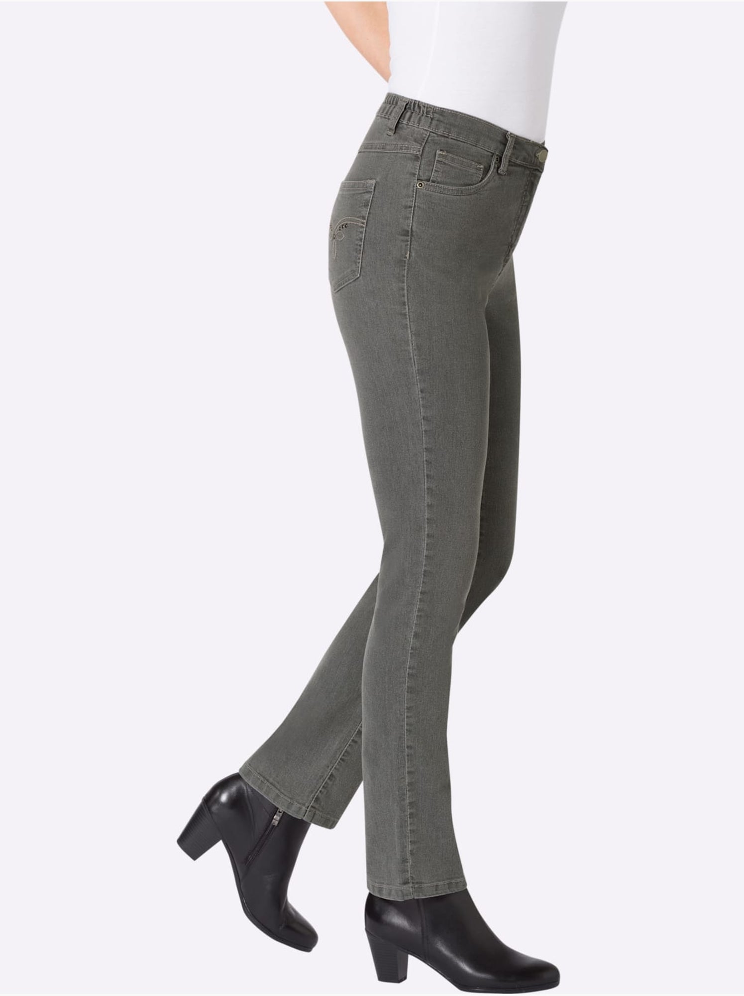 Jean 5 poches avec ceinture élastique et broderie décorative - taille courte - moda vilona - Gris
