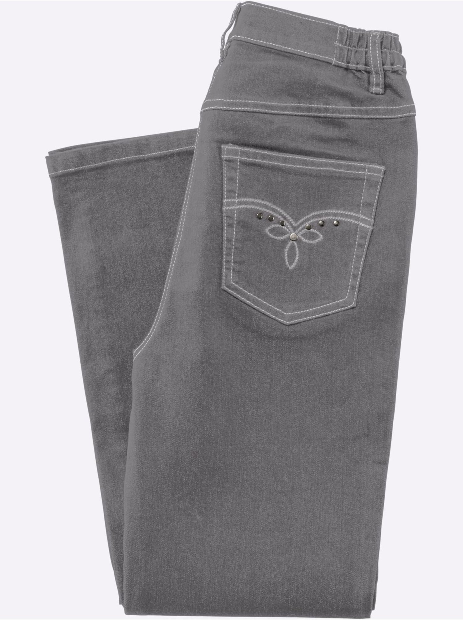 Jean 5 poches avec ceinture élastique et broderie décorative - taille courte - moda vilona - Gris