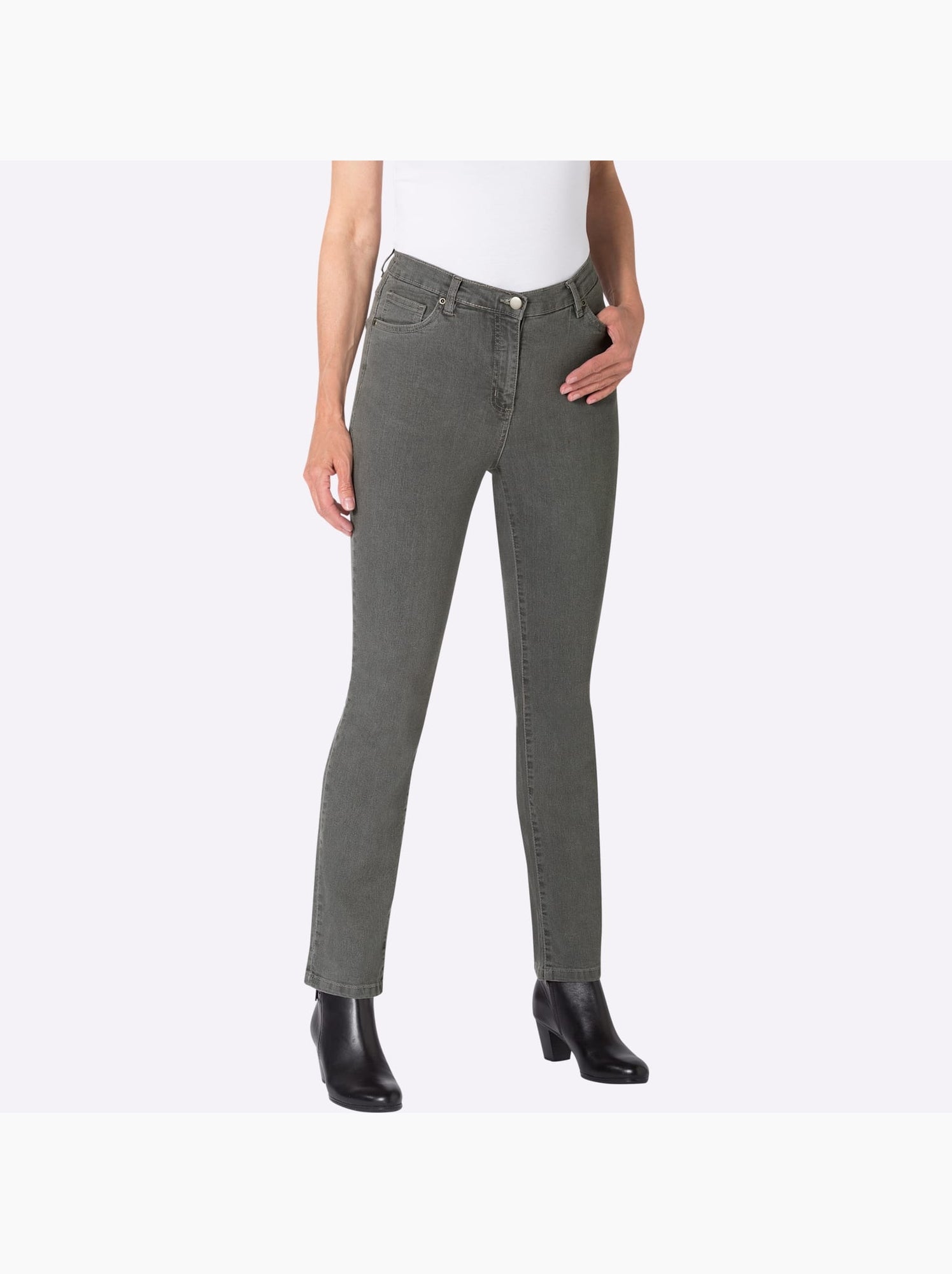Jean 5 poches avec ceinture élastique et broderie décorative - taille courte - moda vilona - Gris