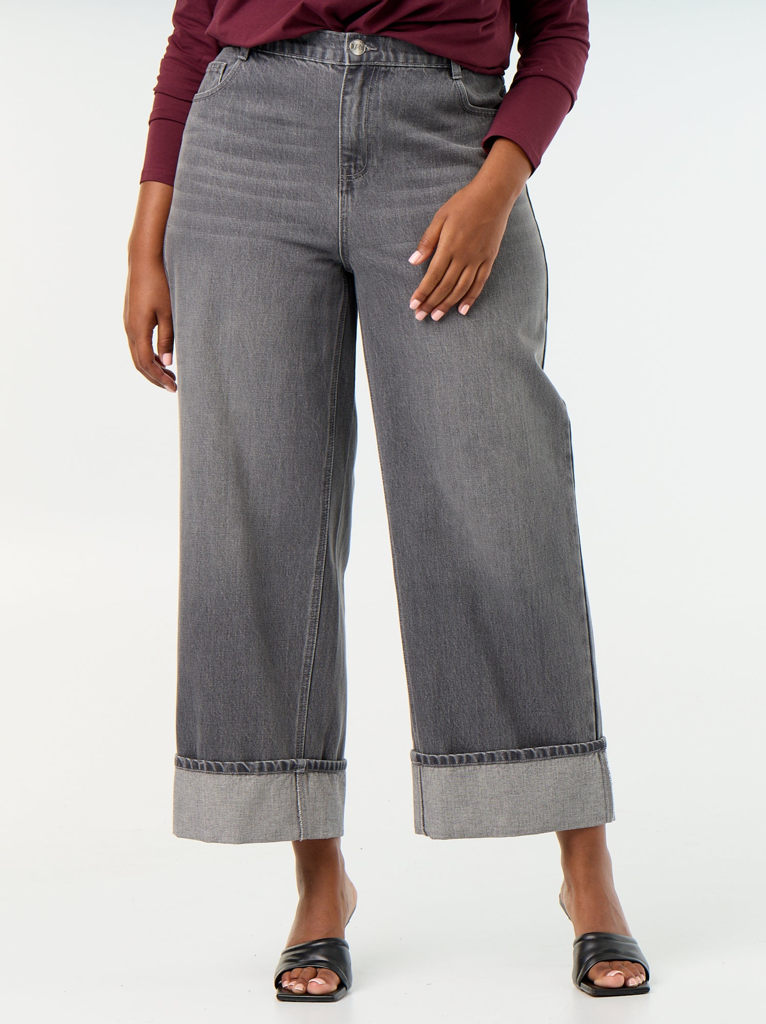 Jean coupe large avec revers à la base - Gris