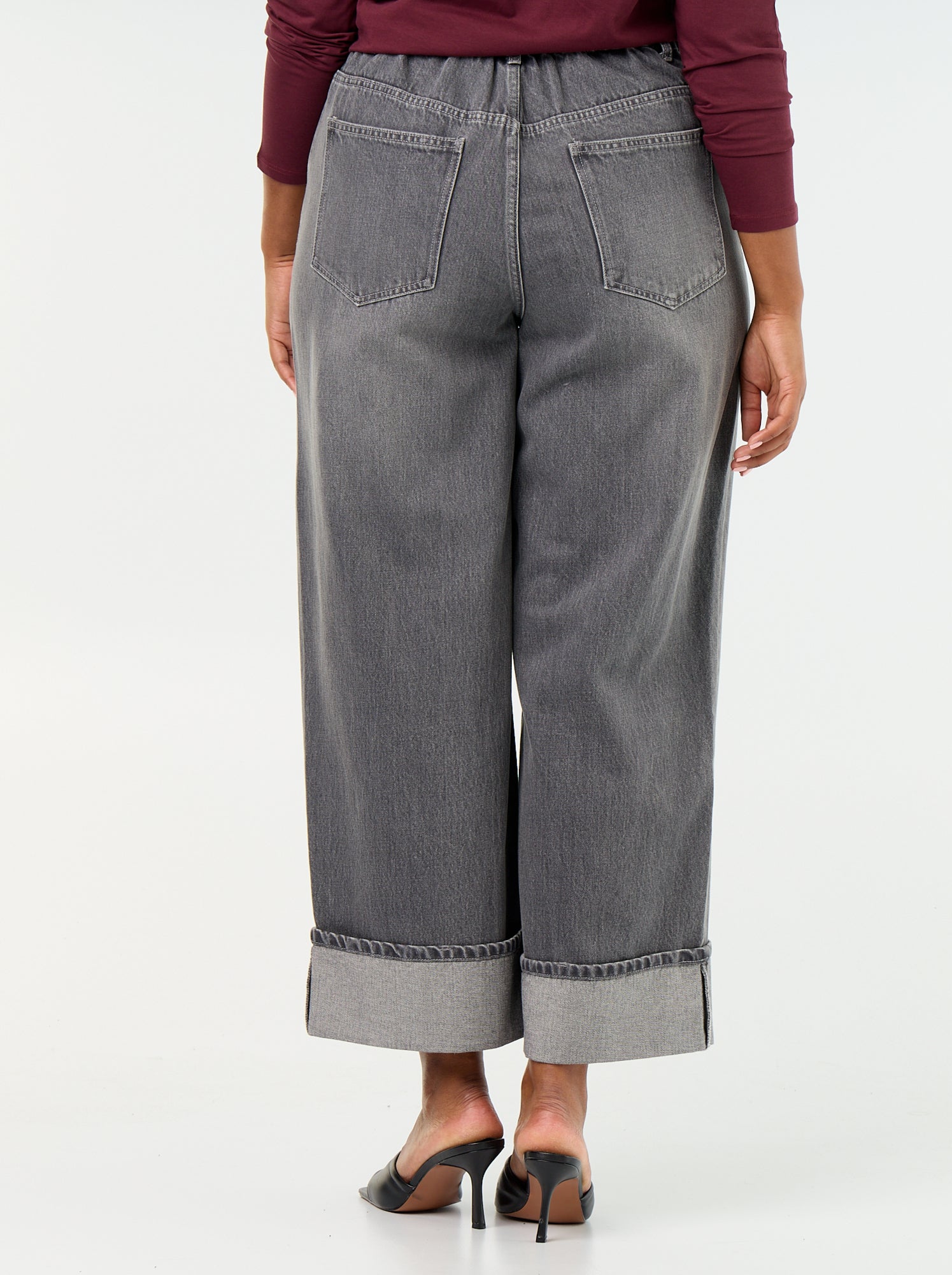 Jean coupe large avec revers à la base - Gris