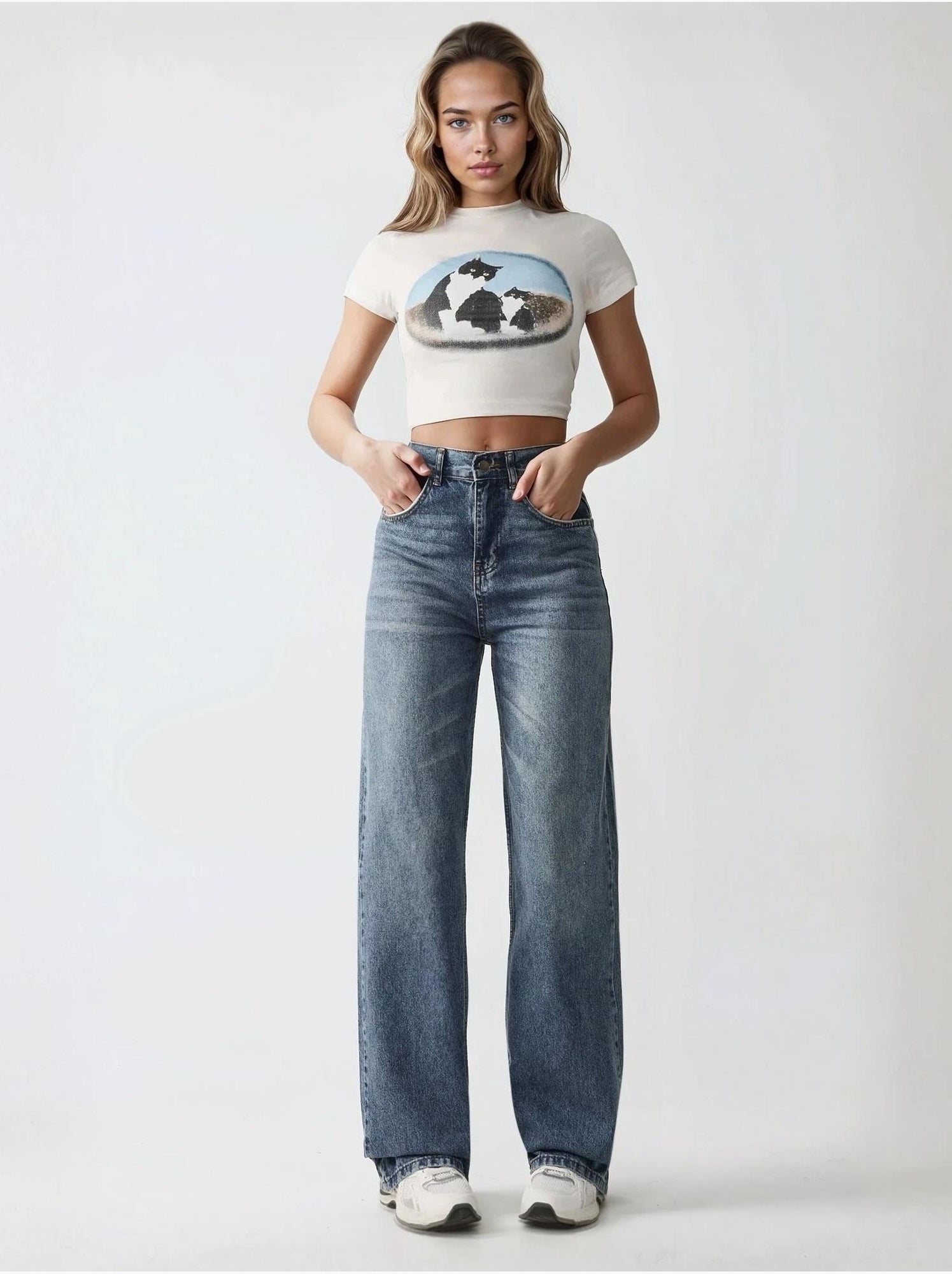 Jean en denim à jambe droite - Bleu