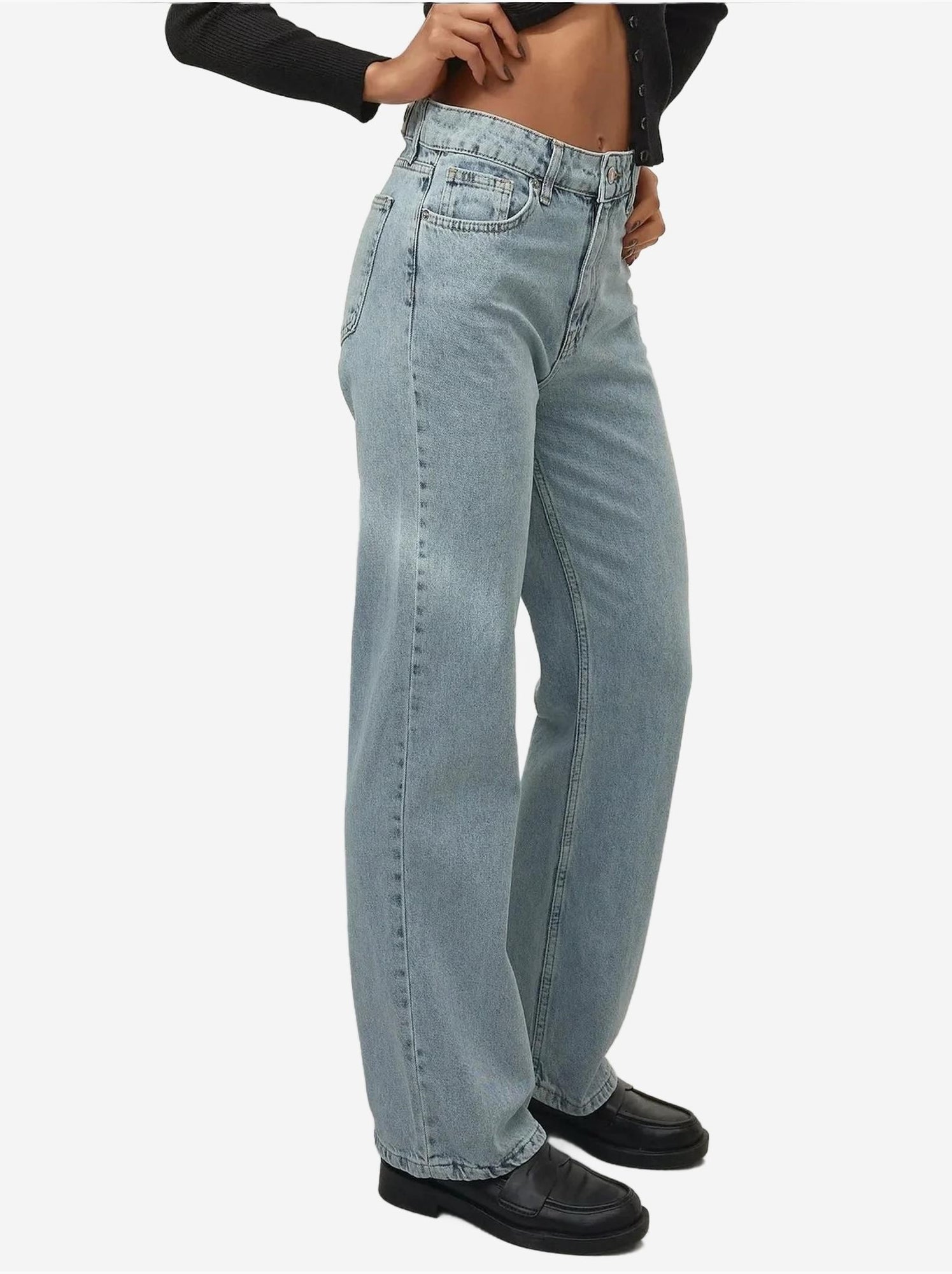 Jean en denim taille haute à jambe droite - Bleu clair