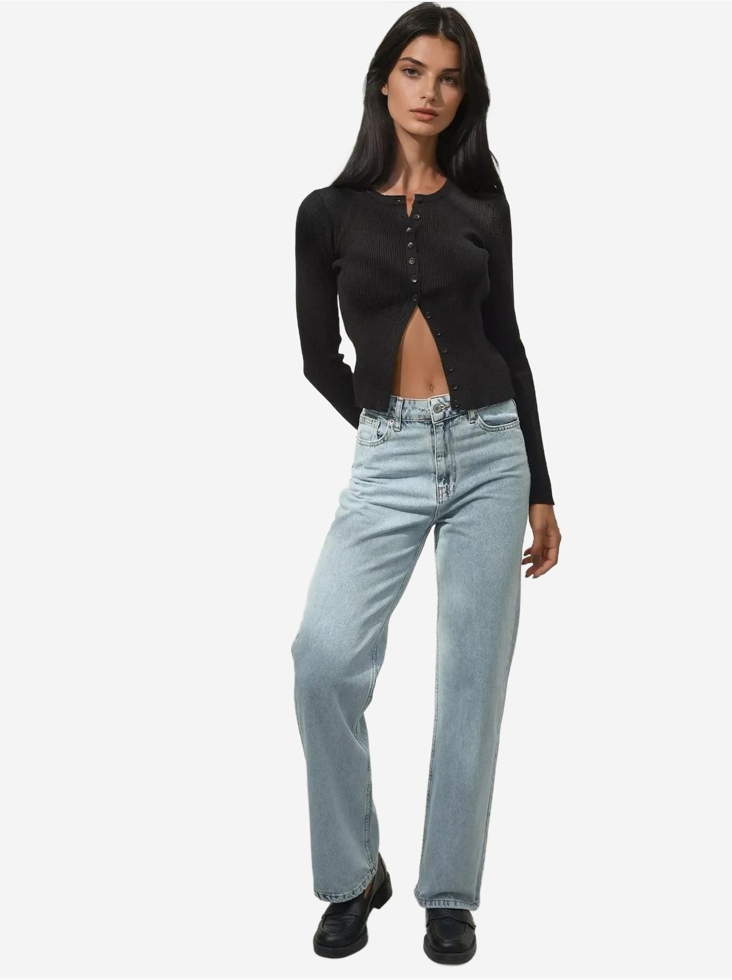 Jean en denim taille haute à jambe droite - Bleu clair