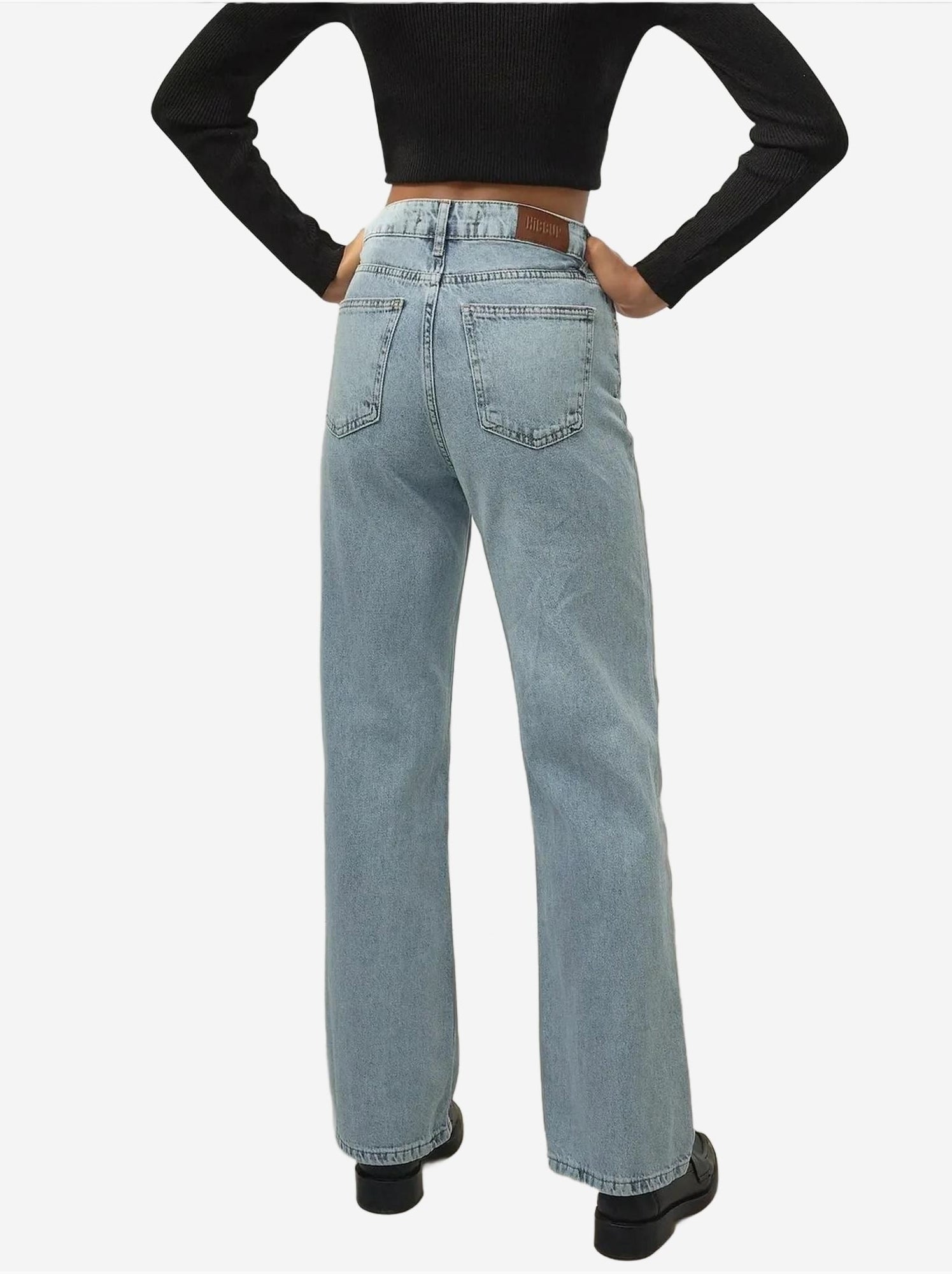 Jean en denim taille haute à jambe droite - Bleu clair