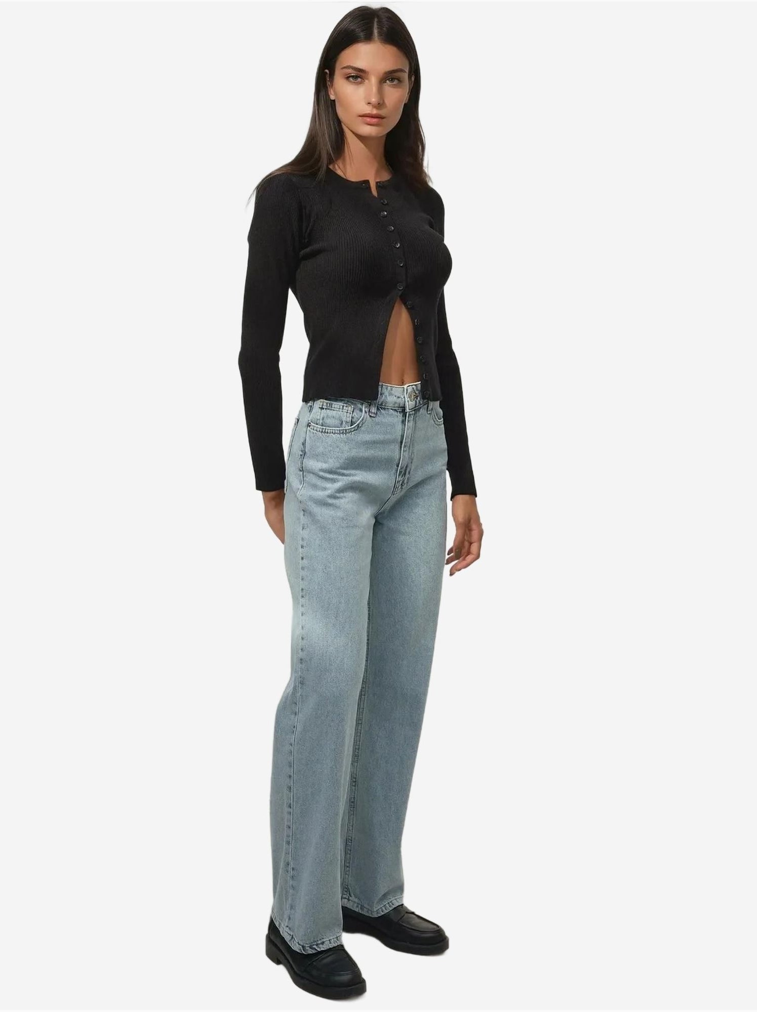 Jean en denim taille haute à jambe droite - Bleu clair