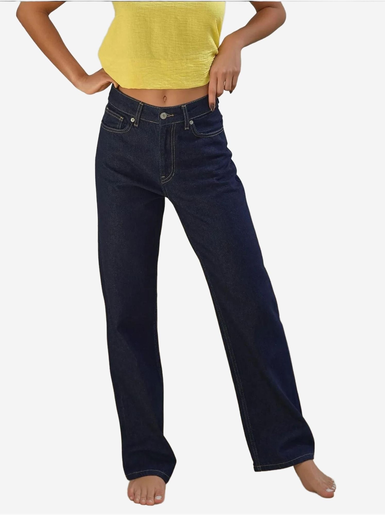 Jean en denim taille haute à jambe droite - Bleu gris