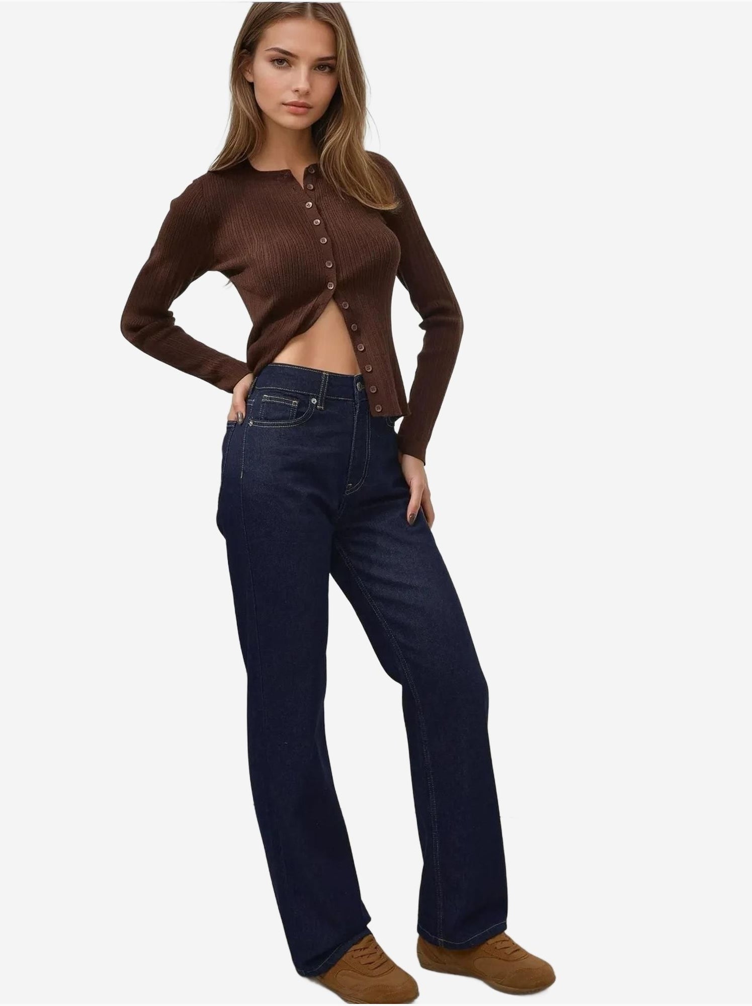 Jean en denim taille haute à jambe droite - Bleu gris