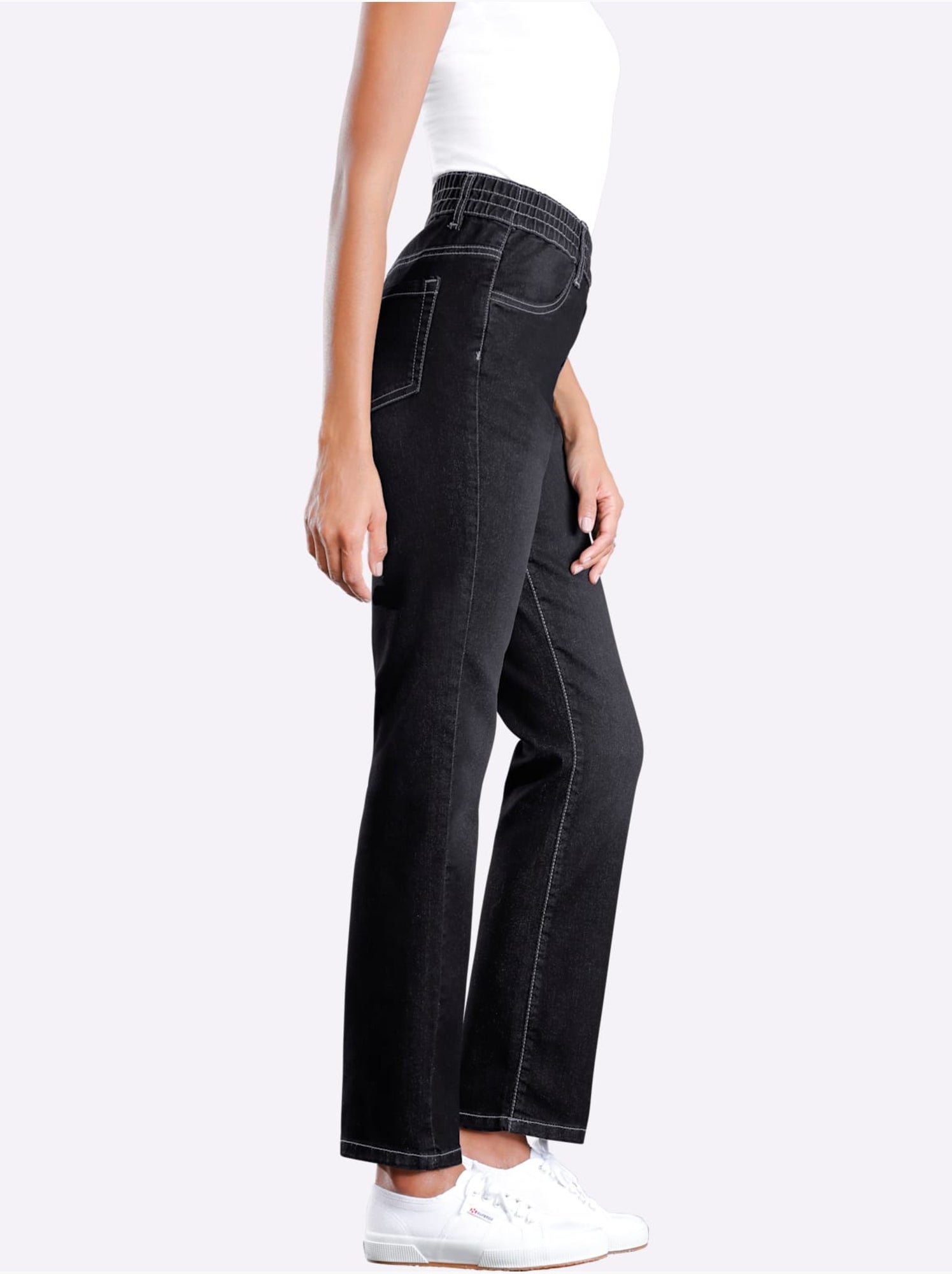 Jean féminin à ceinture élastique et poches devant et derrière - Taille standard - Moda Vilona - Noir