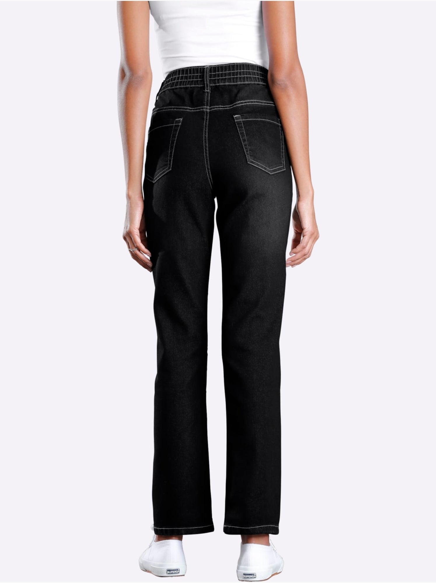 Jean féminin à ceinture élastique et poches devant et derrière - Taille standard - Moda Vilona - Noir