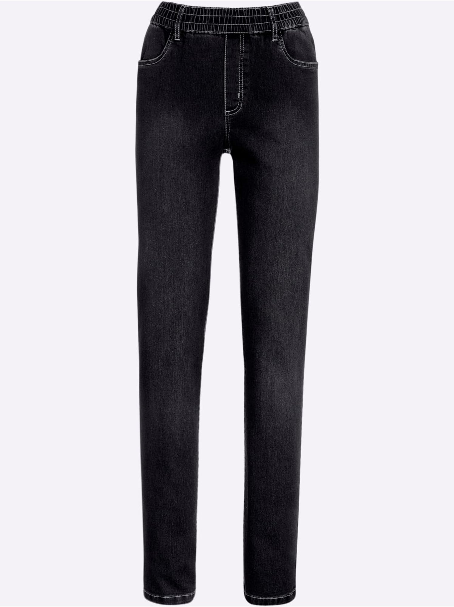 Jean féminin à ceinture élastique et poches devant et derrière - Taille standard - Moda Vilona - Noir