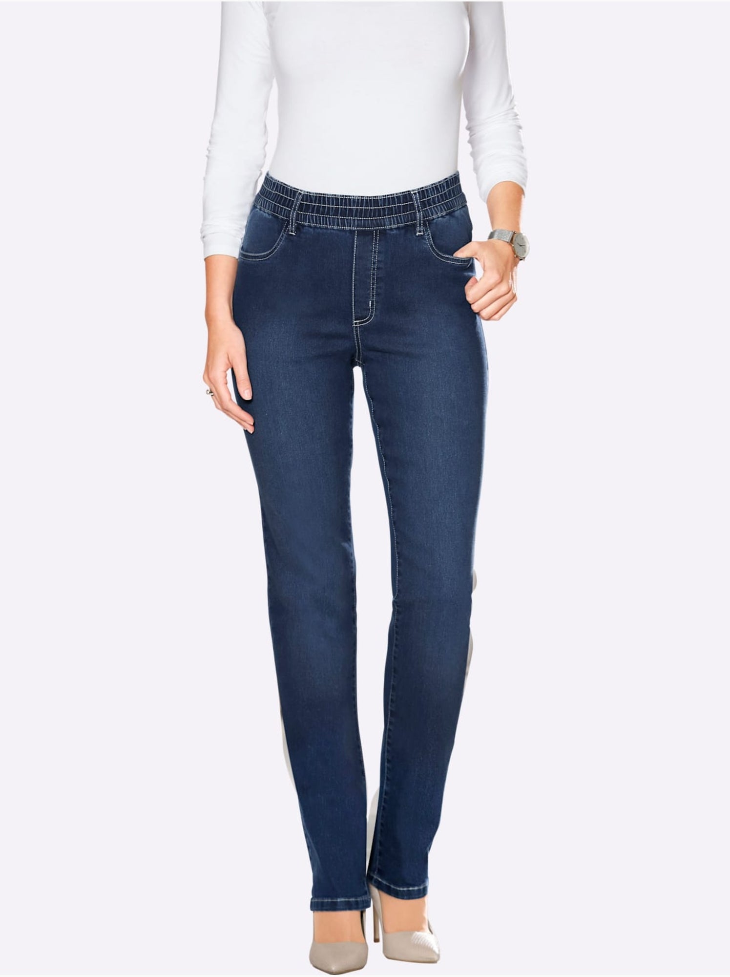 Jean féminin à ceinture élastique et poches devant et derrière - Taille standard - Moda Vilona - Bleu jean