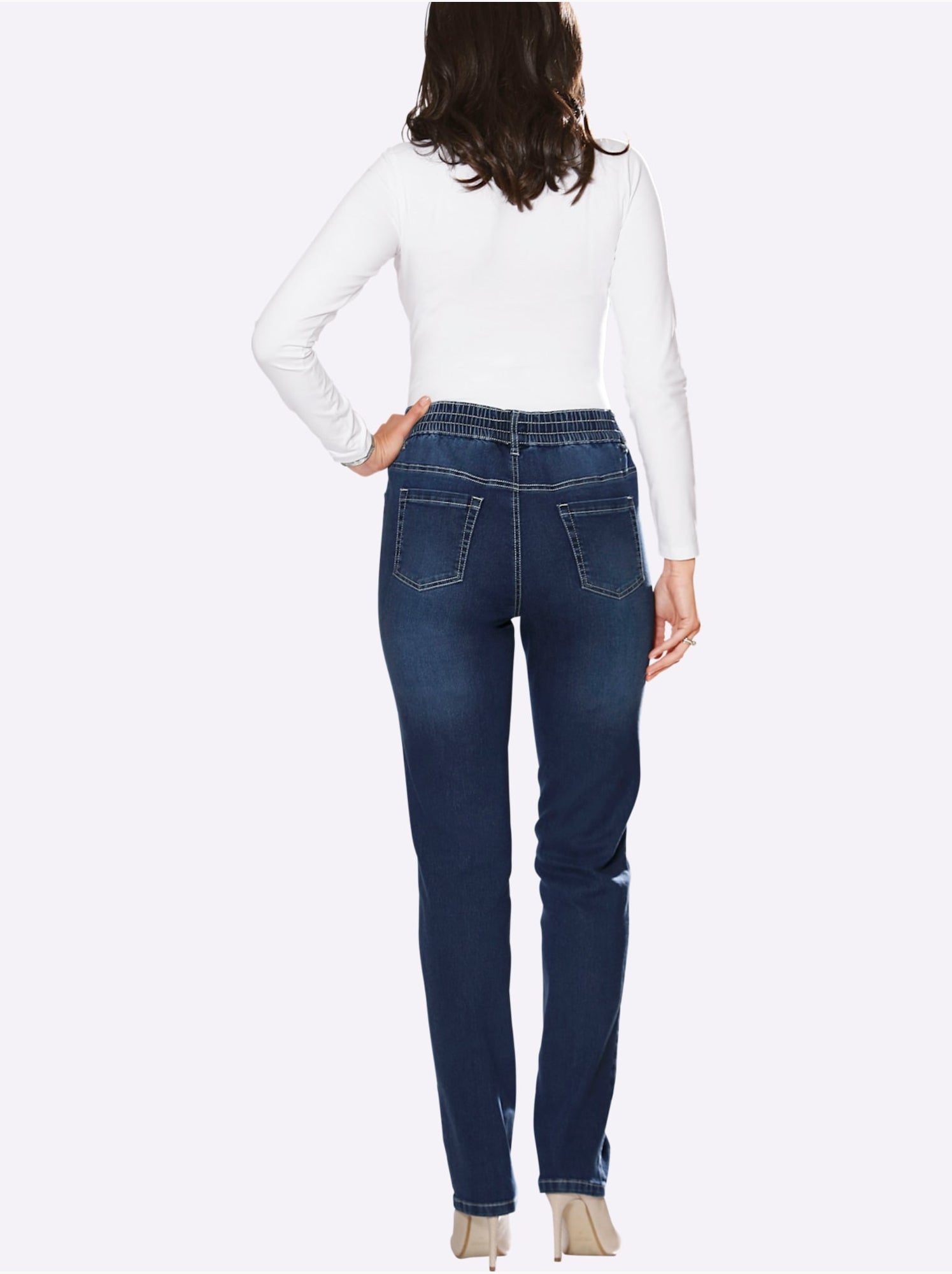 Jean féminin à ceinture élastique et poches devant et derrière - Taille standard - Moda Vilona - Bleu jean