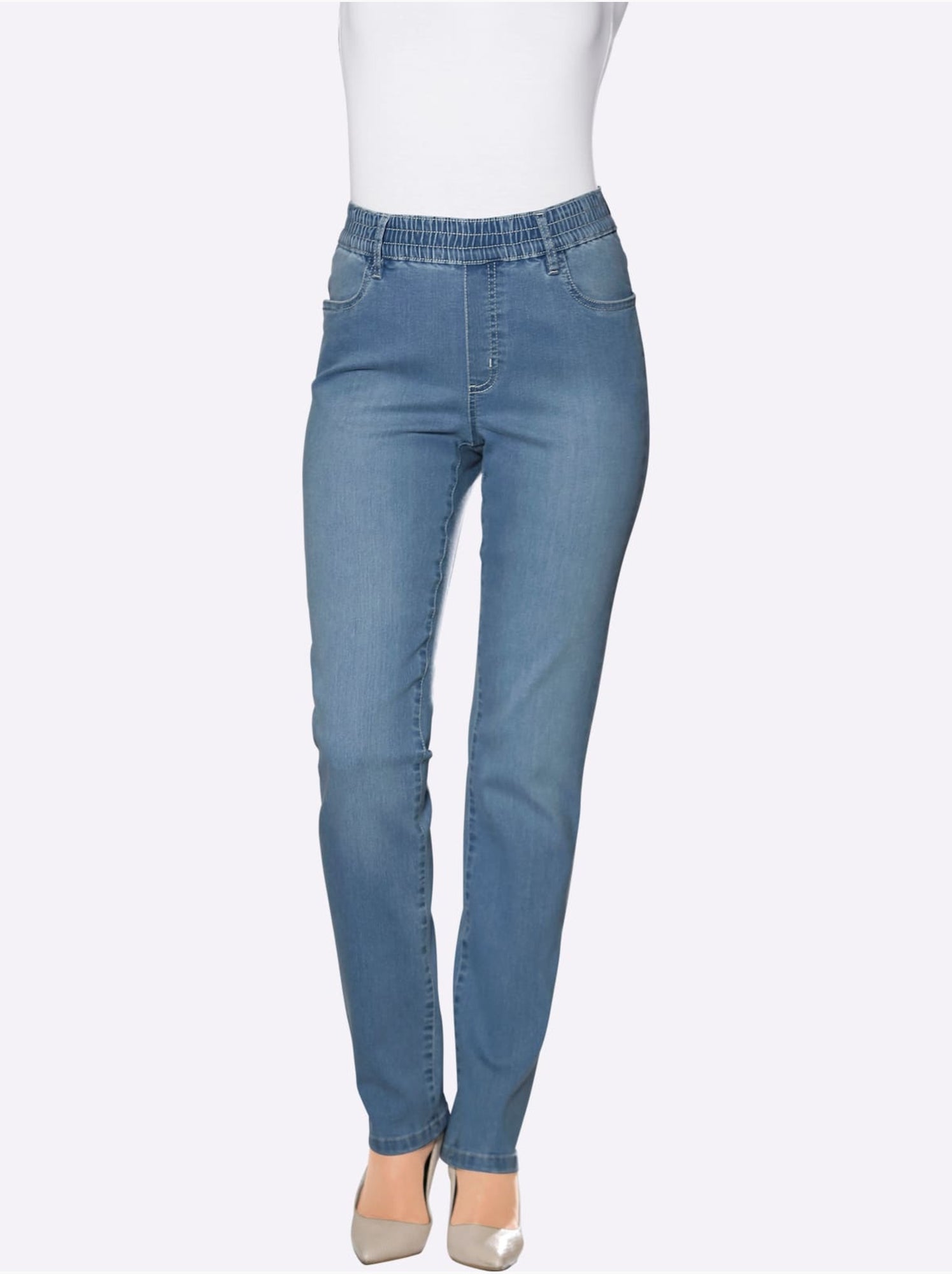 Jean féminin à ceinture élastique et poches devant et derrière - Taille standard - Moda Vilona - Bleu Blanc