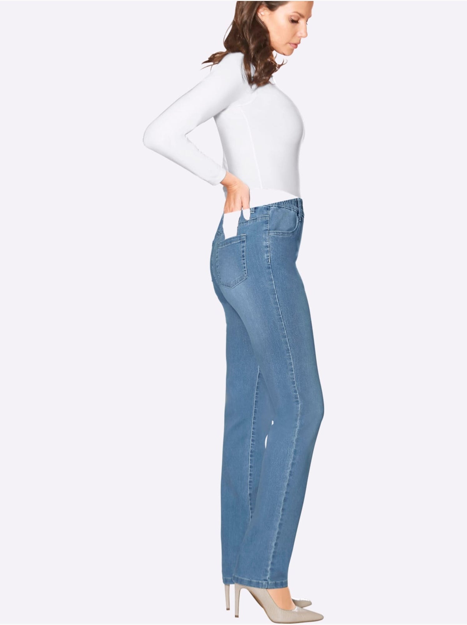 Jean féminin à ceinture élastique et poches devant et derrière - Taille standard - Moda Vilona - Bleu Blanc