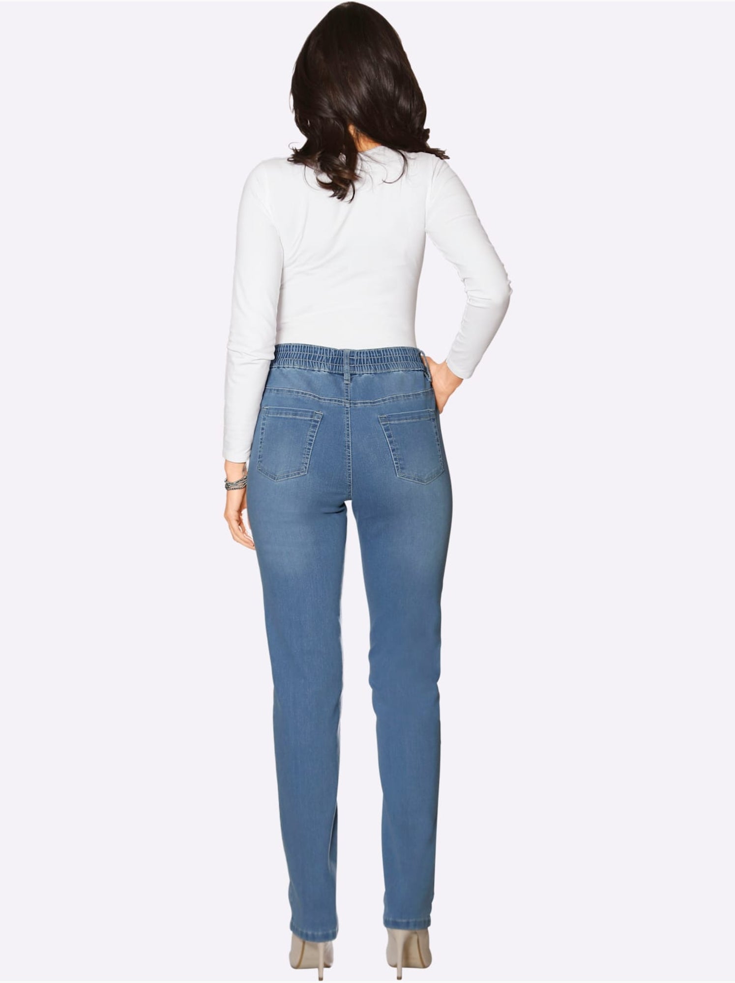 Jean féminin à ceinture élastique et poches devant et derrière - Taille standard - Moda Vilona - Bleu Blanc