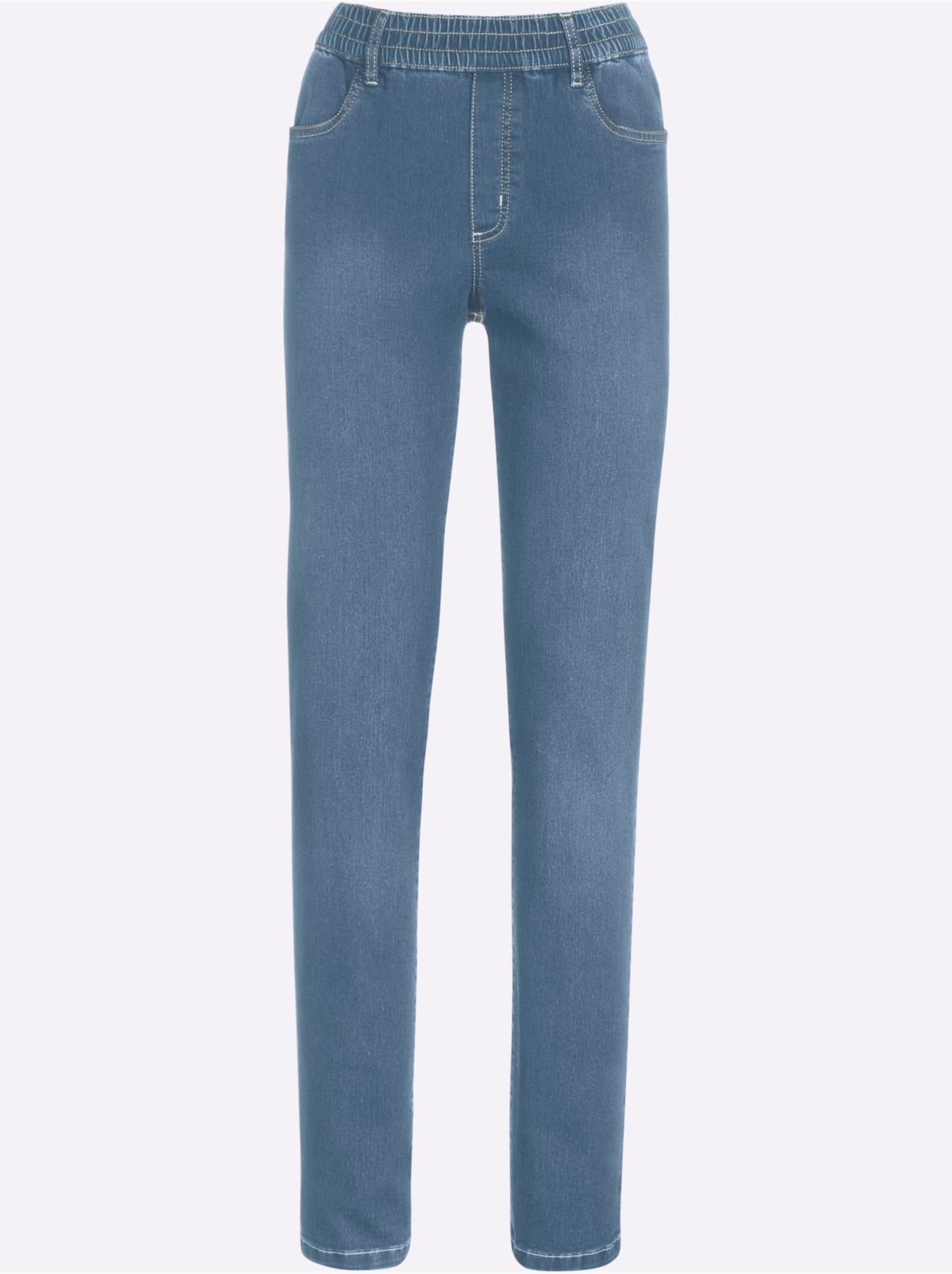 Jean féminin à ceinture élastique et poches devant et derrière - Taille standard - Moda Vilona - Bleu Blanc