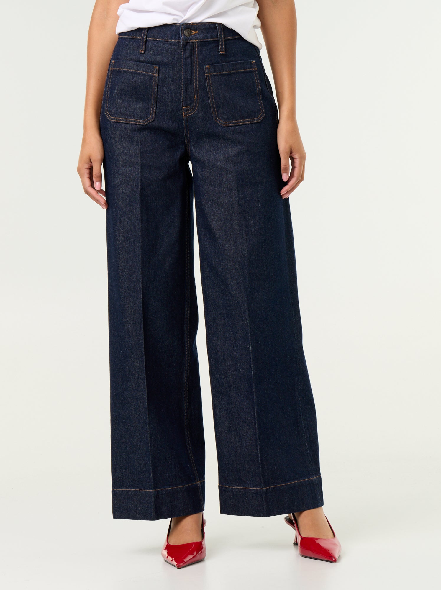 Jean large à taille haute avec poches plaquées - Bleu (GJM27_1)