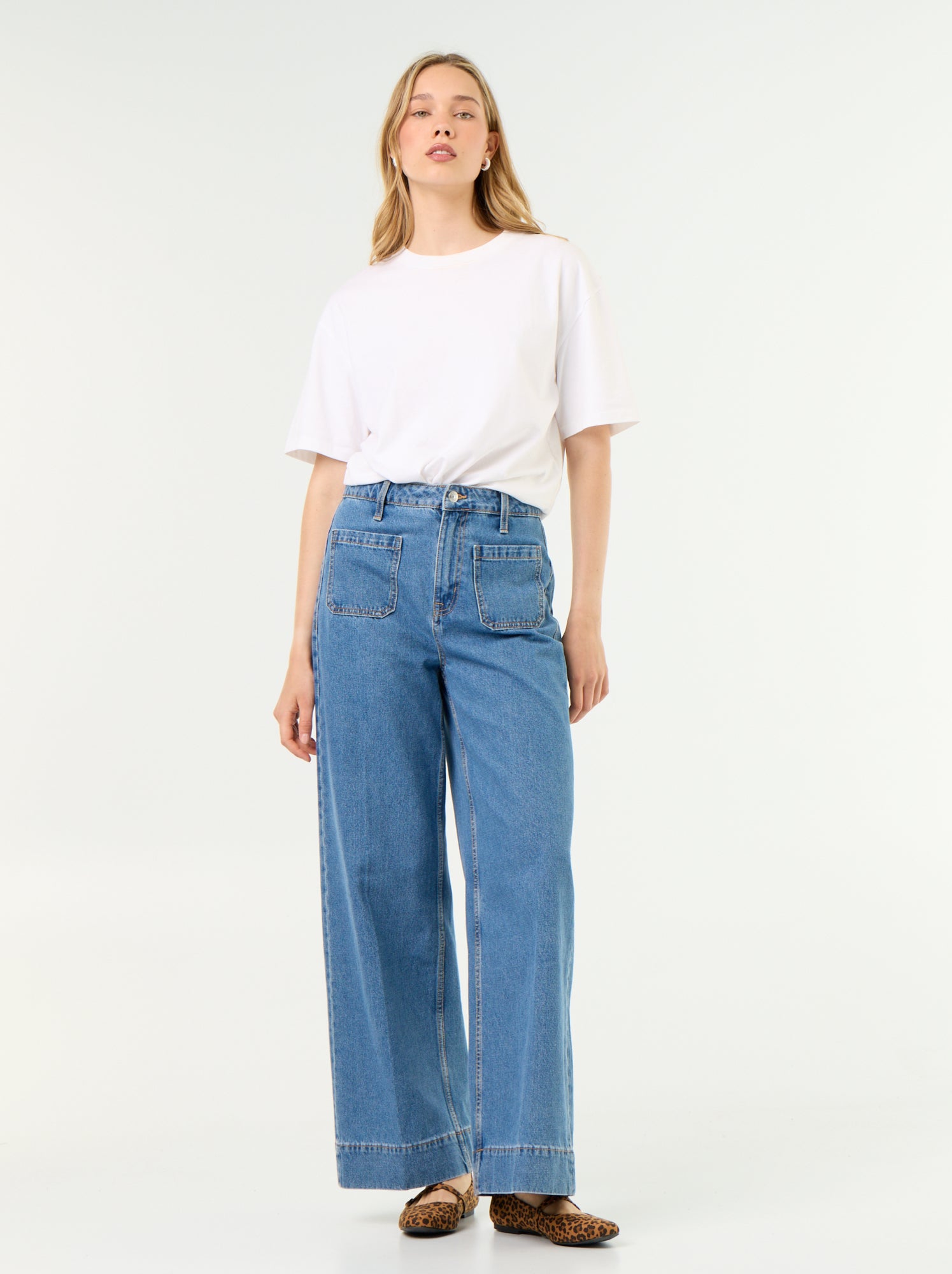 Jean large à taille haute avec poches plaquées - Bleu (GJM27_7)
