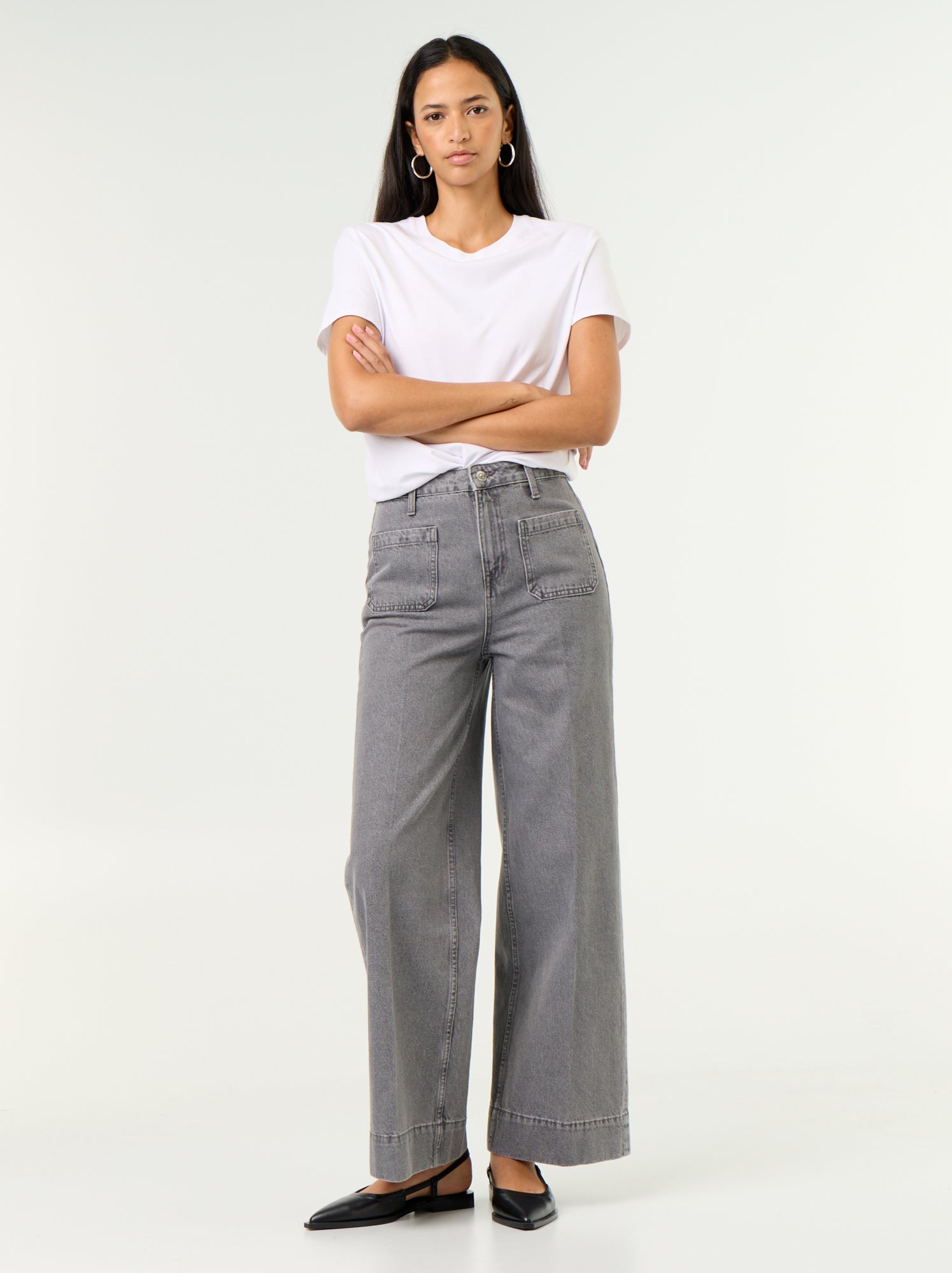 Jean large à taille haute avec poches plaquées - Gris