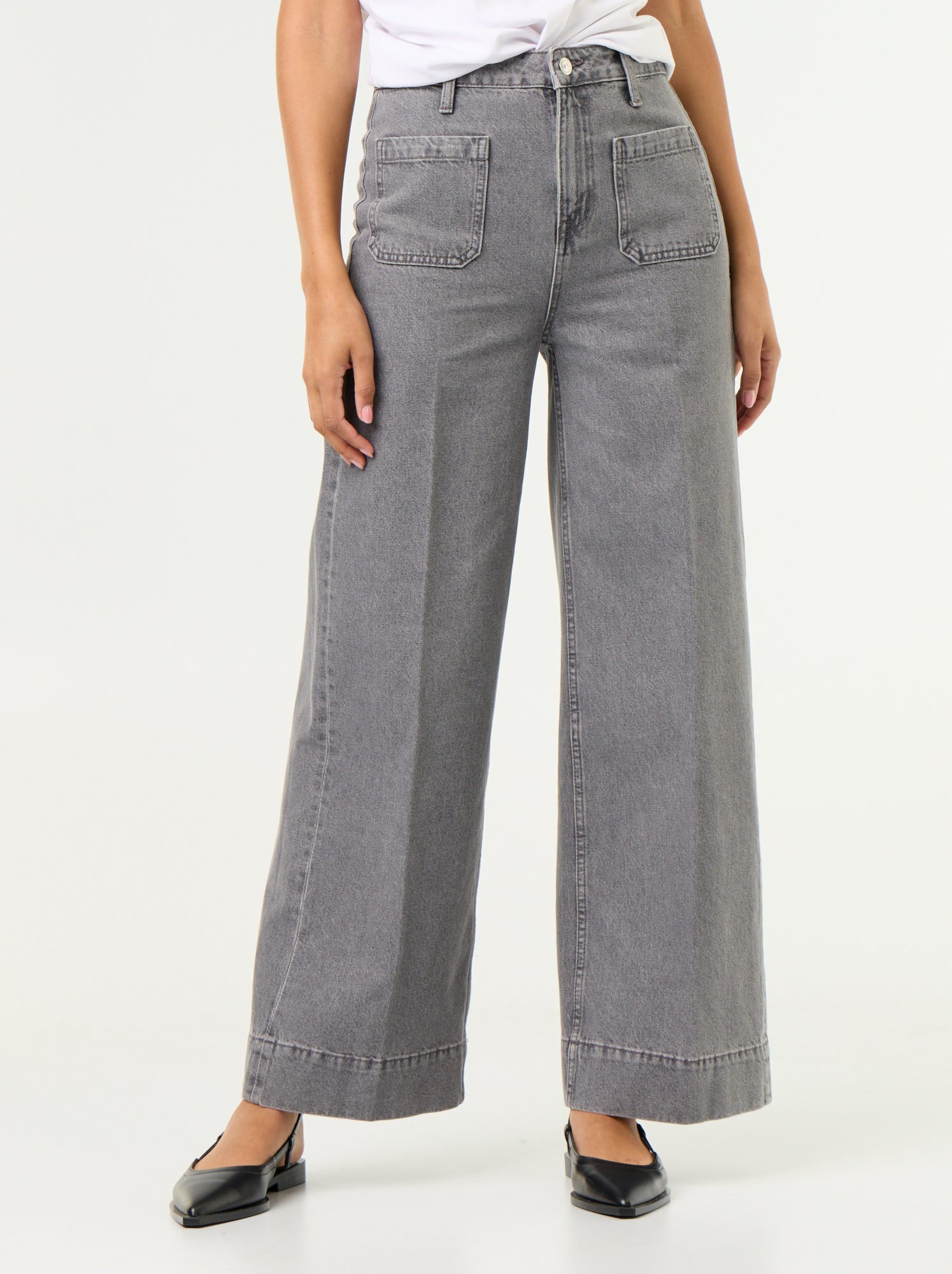 Jean large à taille haute avec poches plaquées - Gris