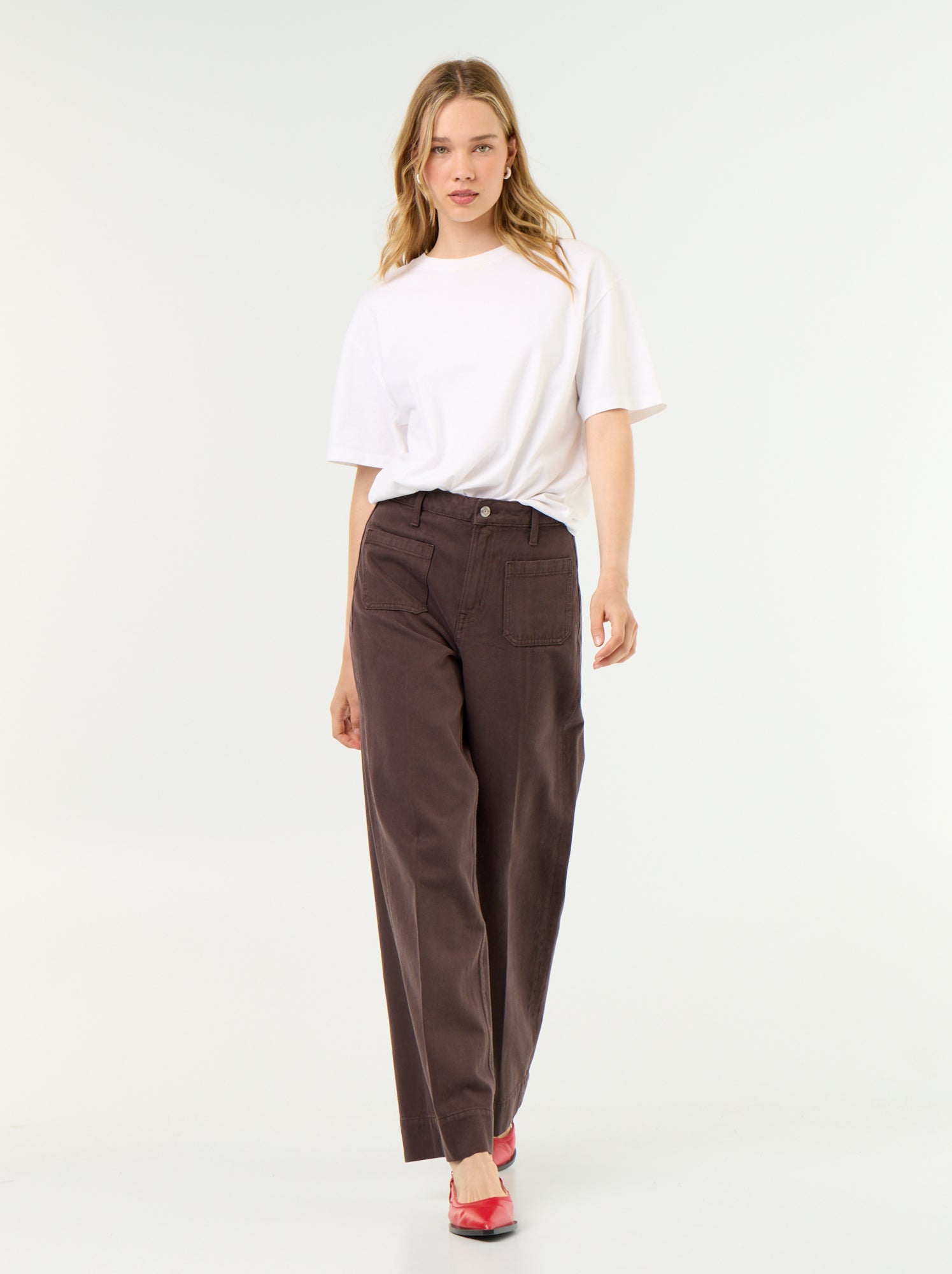 Jean large à taille haute avec poches plaquées - Marron