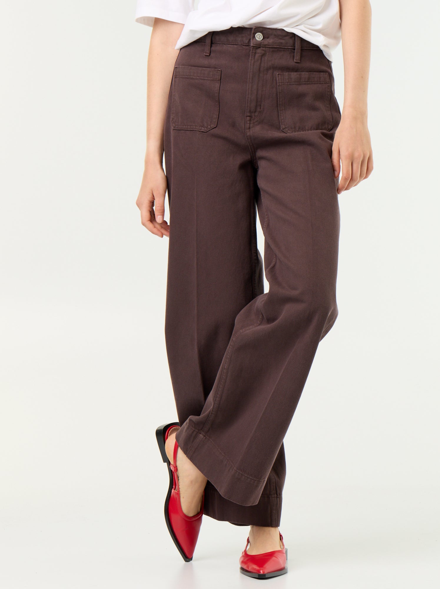Jean large à taille haute avec poches plaquées - Marron