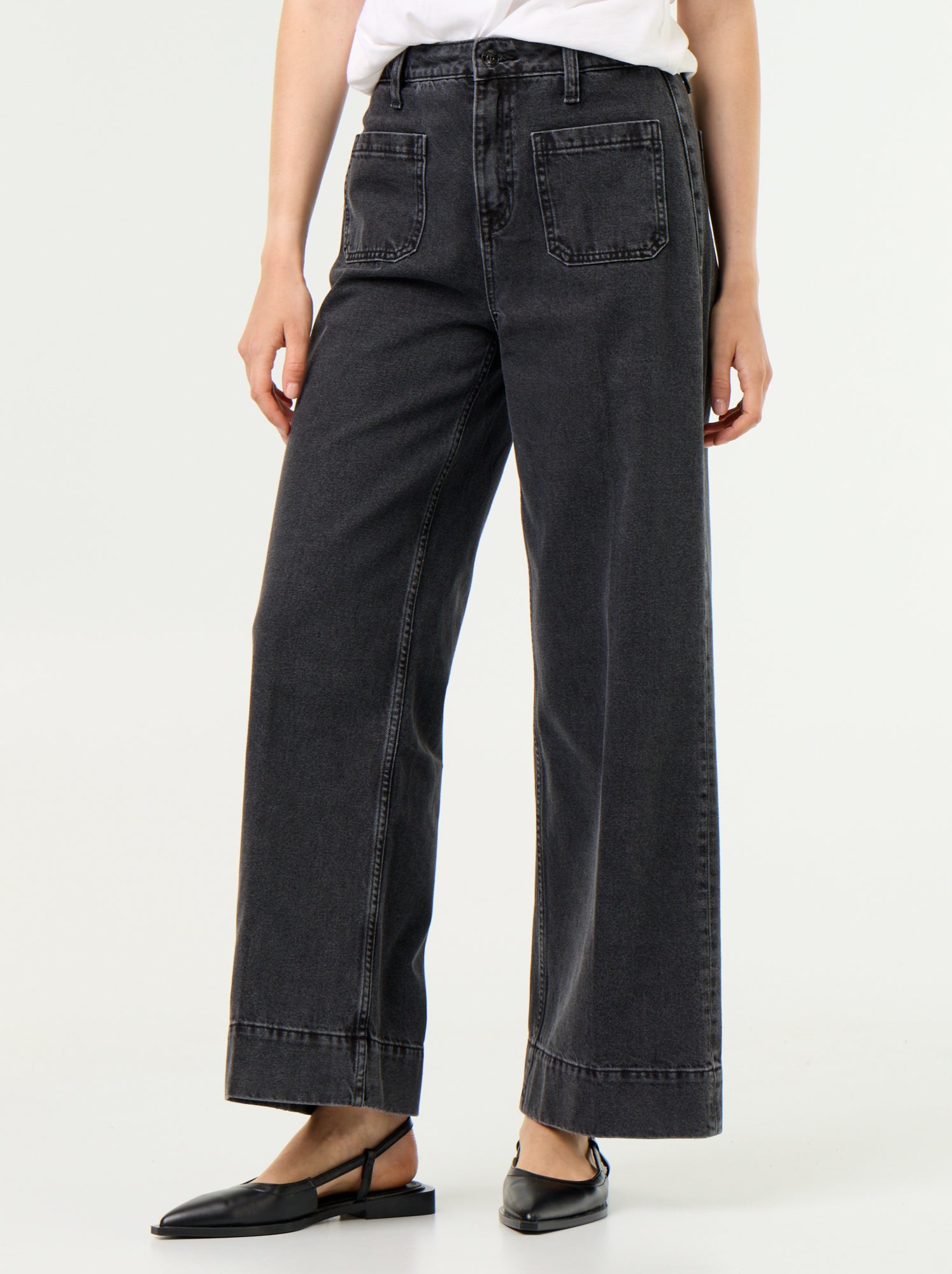 Jean large à taille haute avec poches plaquées - Noir