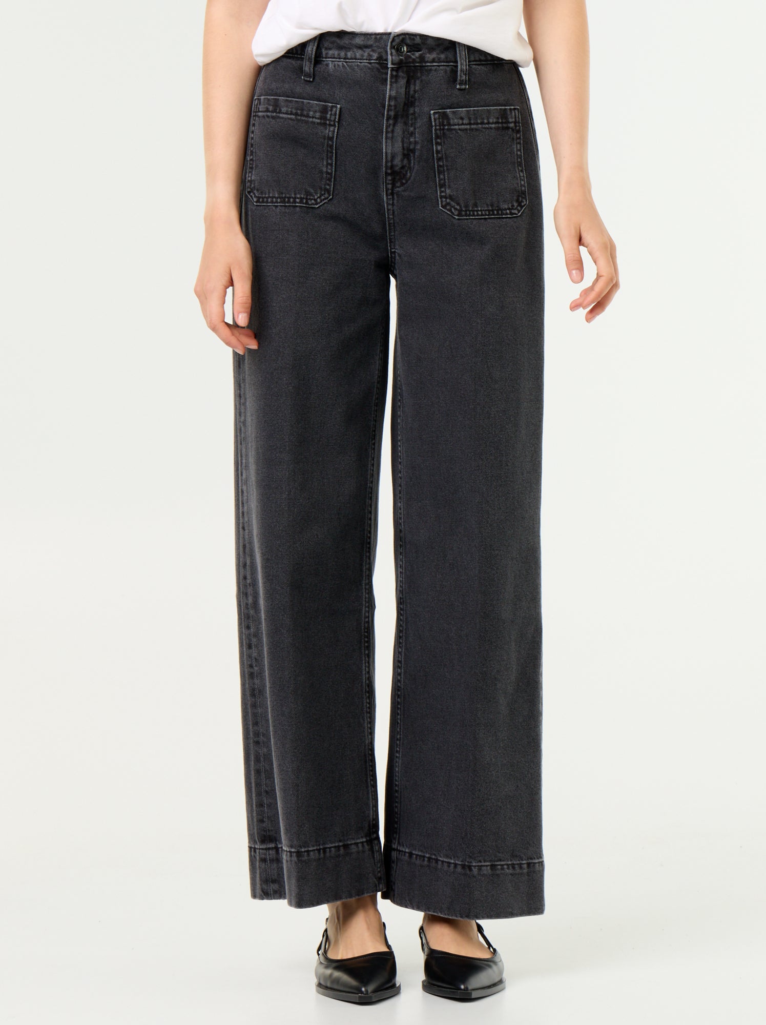 Jean large à taille haute avec poches plaquées - Noir