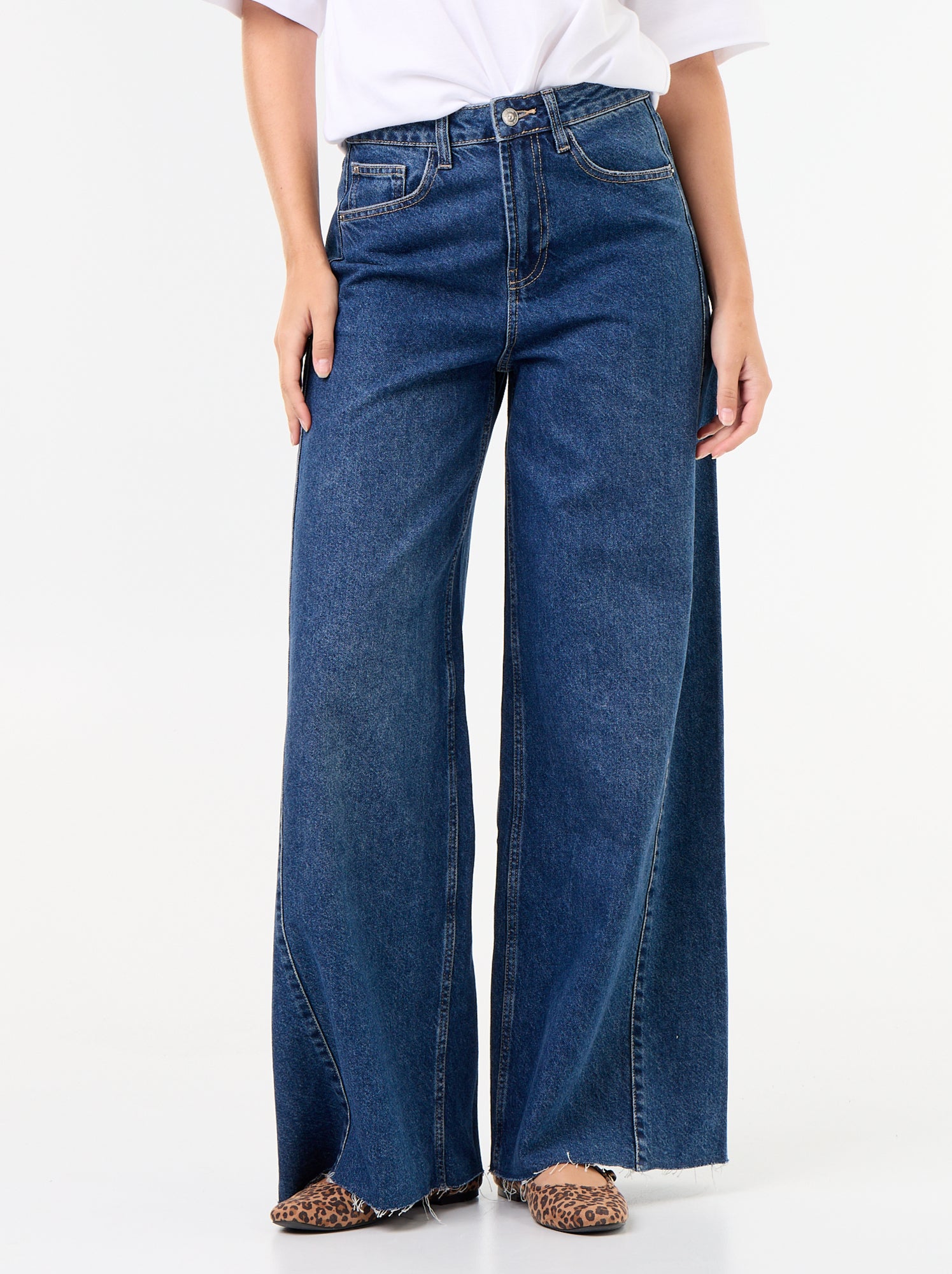 Jean wide leg avec bord à cru - Bleu