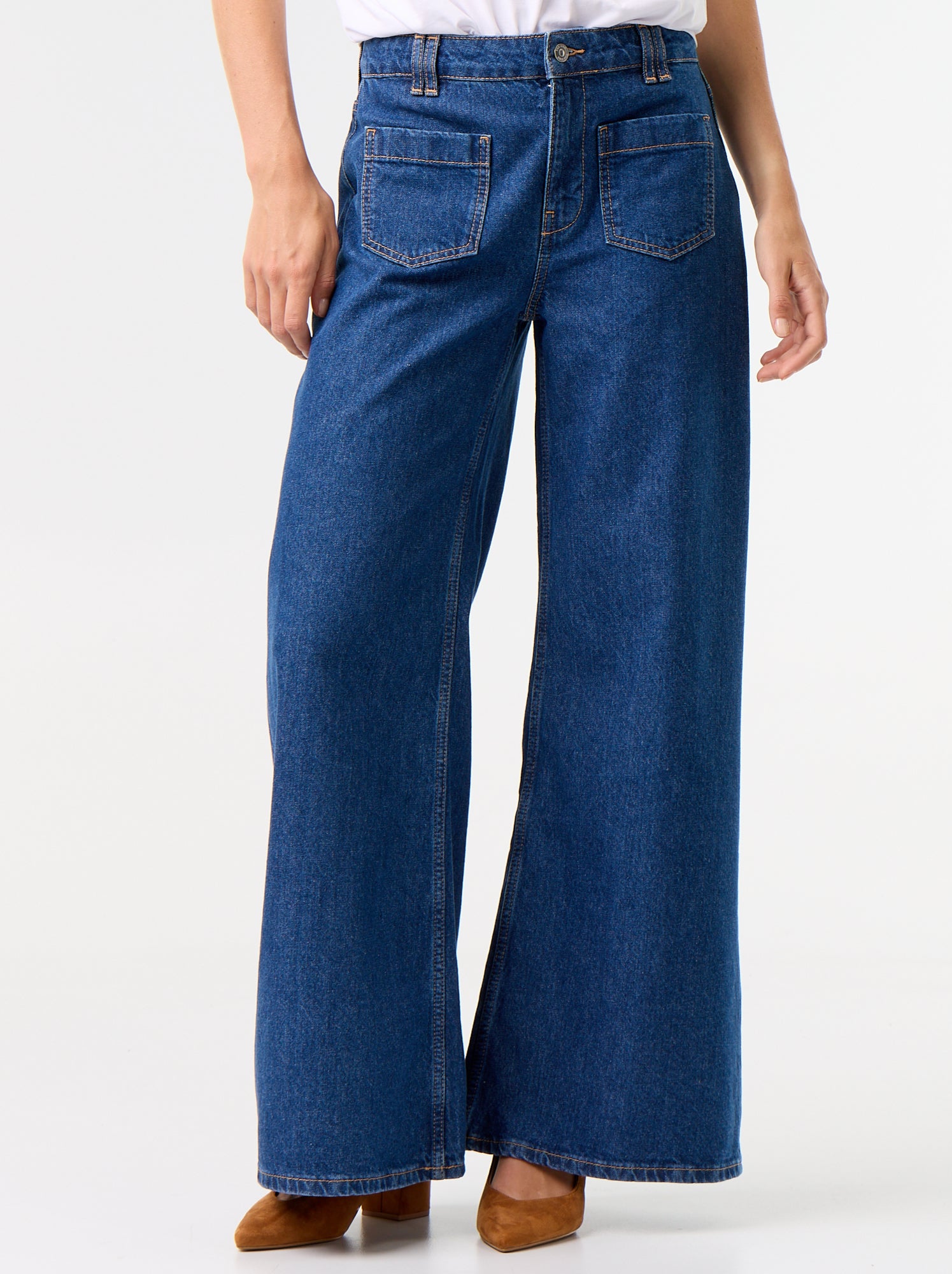 Jean wide leg / coupe large avec poches plaquées - Bleu (GKI14_1)