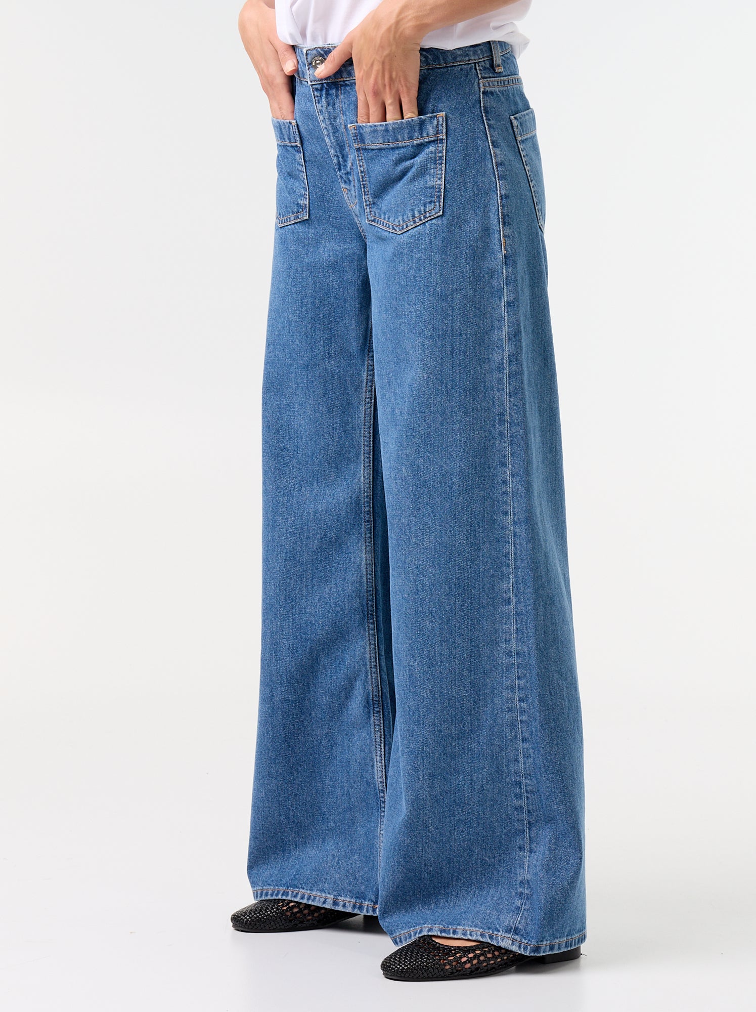 Jean wide leg / coupe large avec poches plaquées - Bleu (GKI14_2)