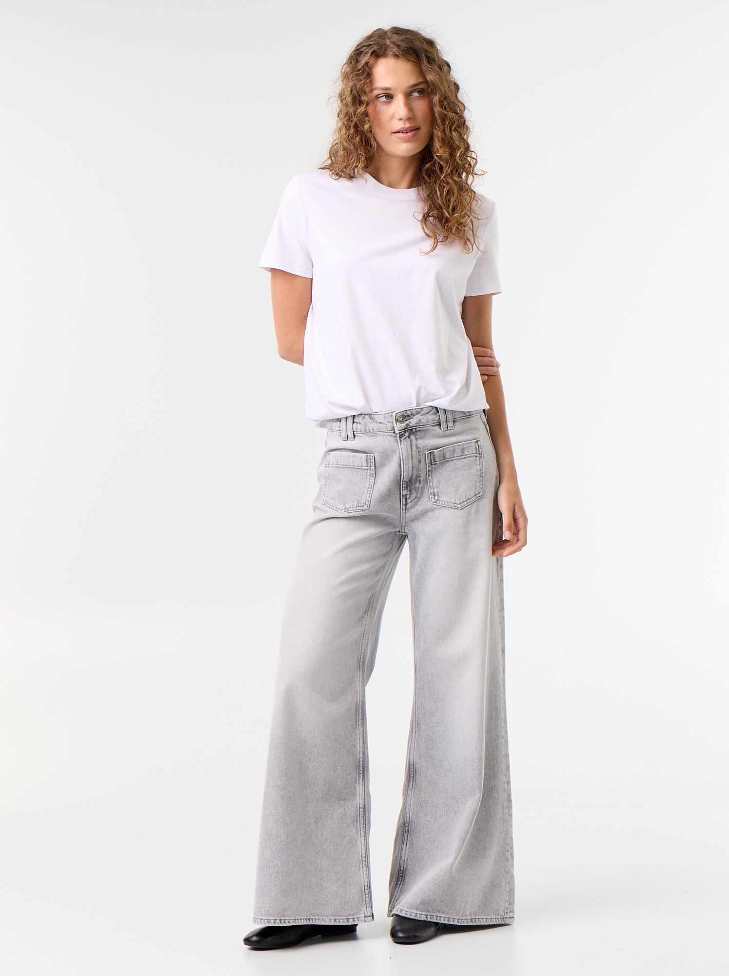 Jean wide leg / coupe large avec poches plaquées - Gris