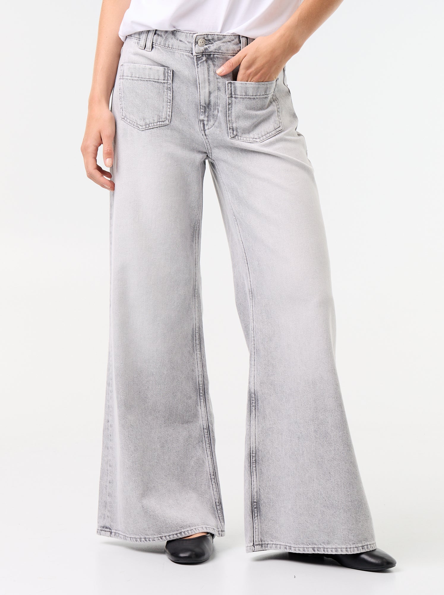 Jean wide leg / coupe large avec poches plaquées - Gris