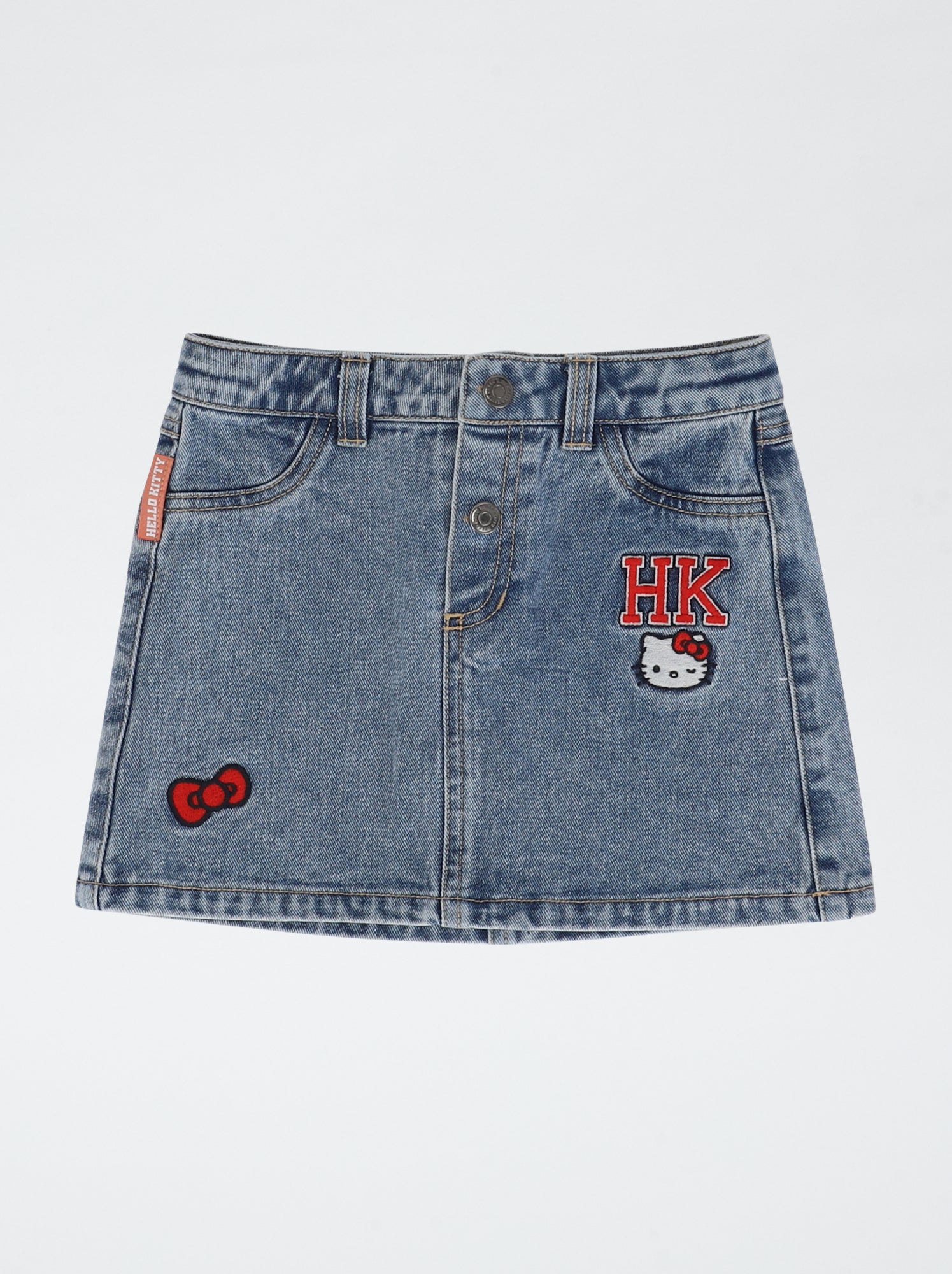 Jupe en denim avec patchs brodés 'Hello Kitty' - Bleu