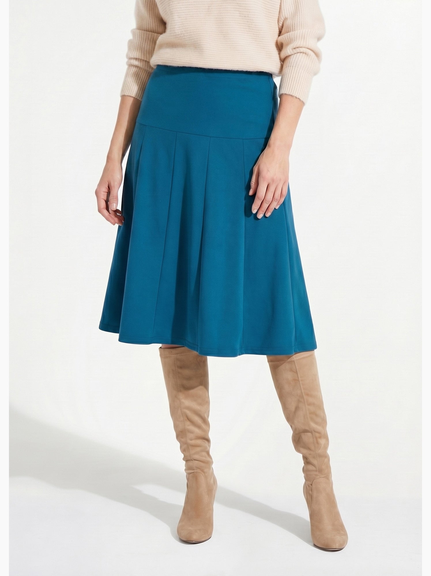 Jupe évasée mi longue unie taille élastiquée - afibel - Bleu canard