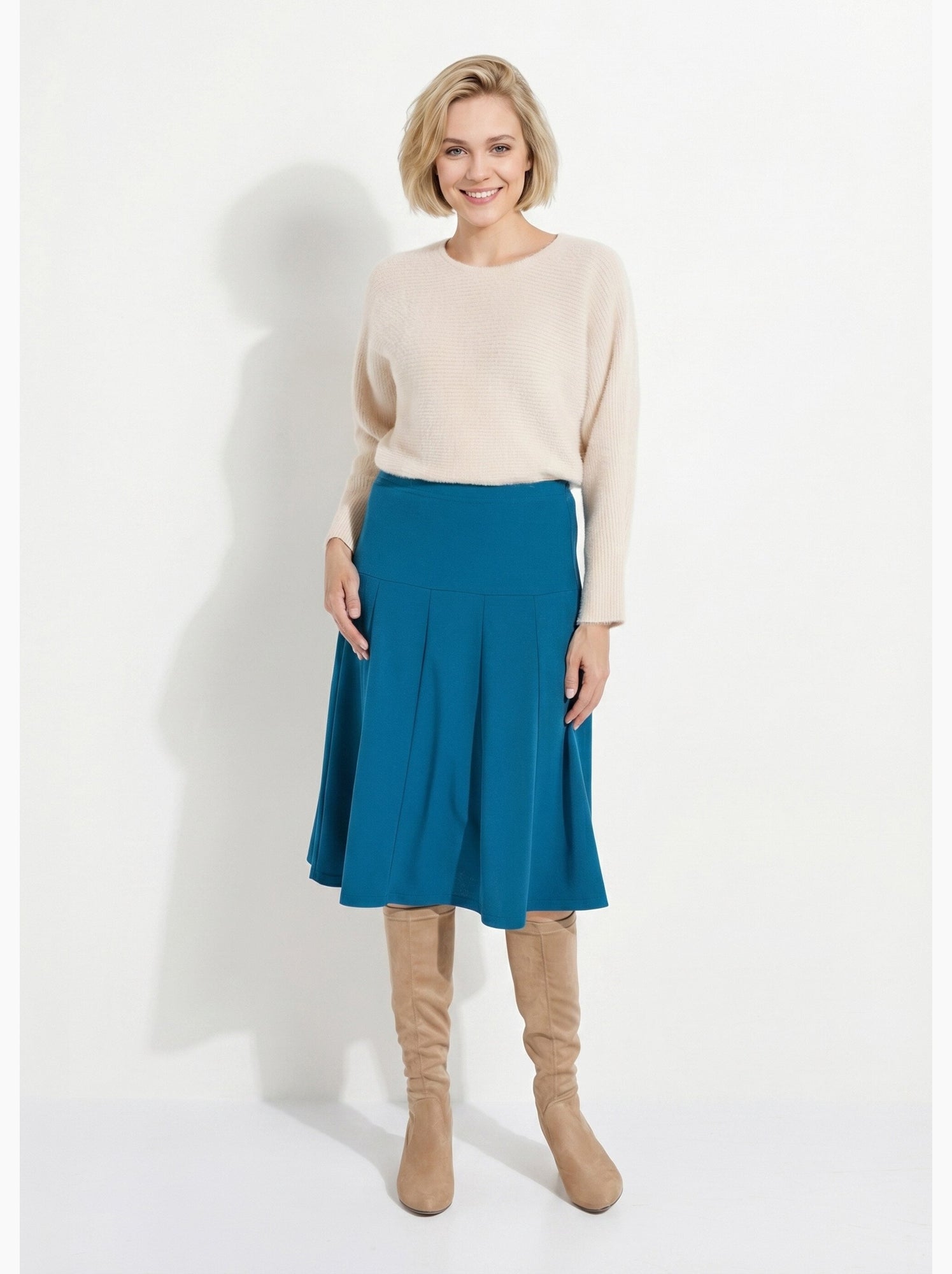 Jupe évasée mi longue unie taille élastiquée - afibel - Bleu canard