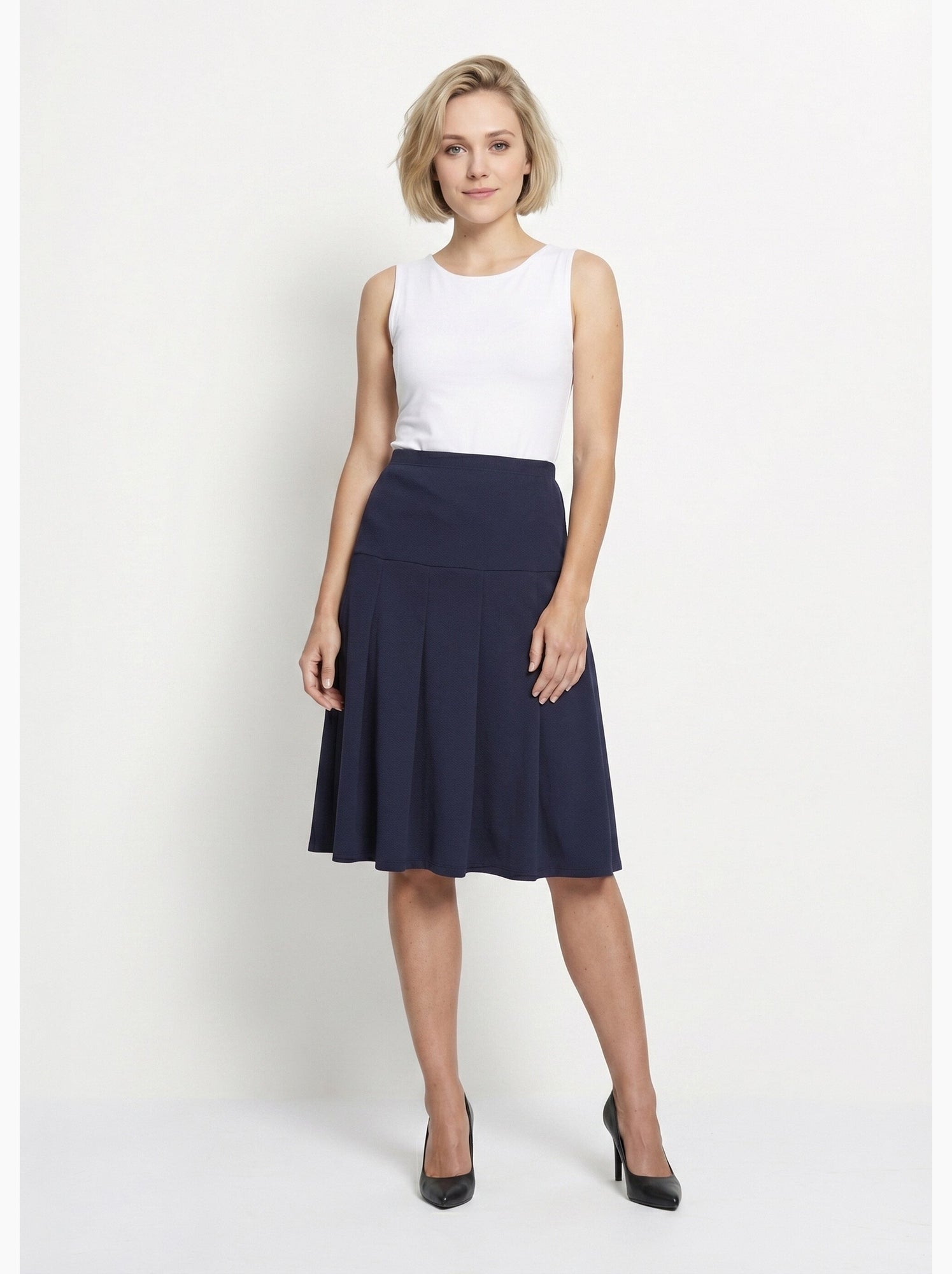 Jupe évasée mi longue unie taille élastiquée - afibel - Bleu marine