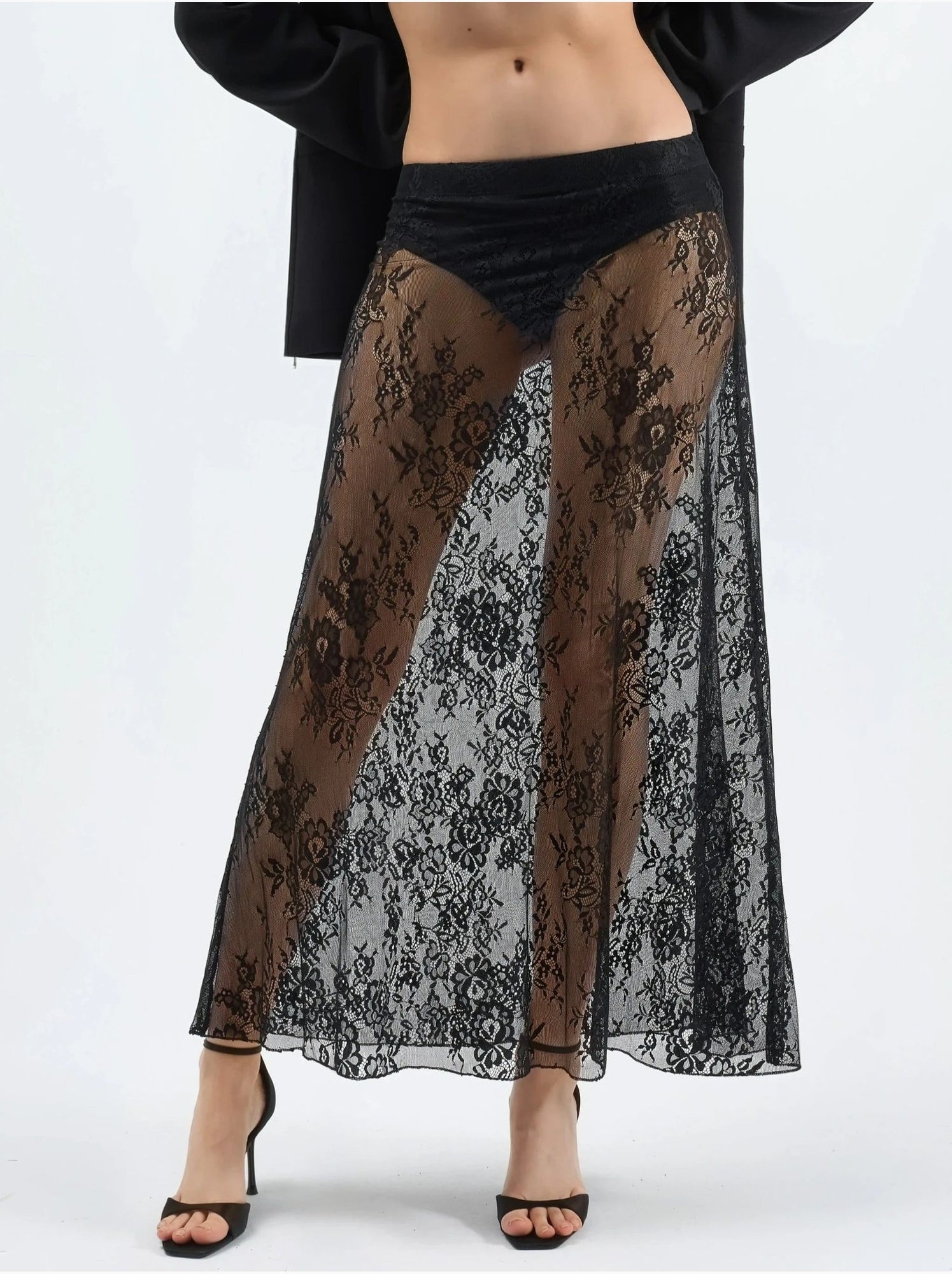 Jupe longue taille haute en dentelle - Noir