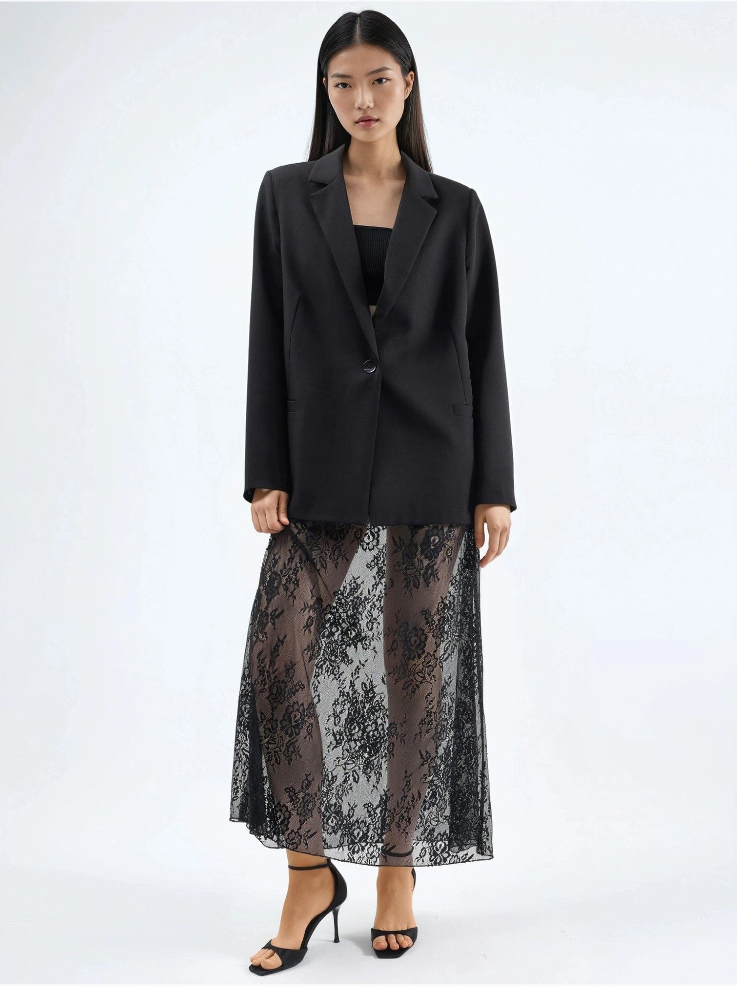 Jupe longue taille haute en dentelle - Noir