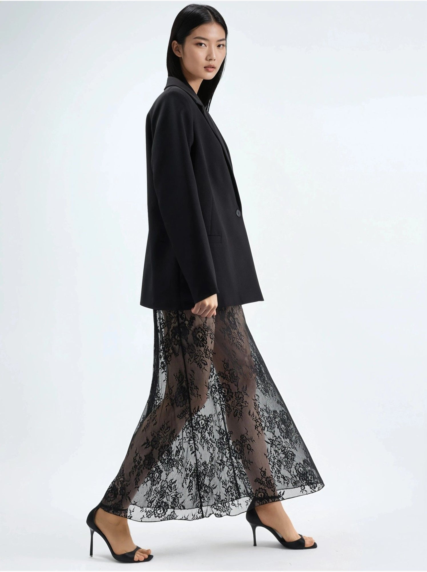 Jupe longue taille haute en dentelle - Noir